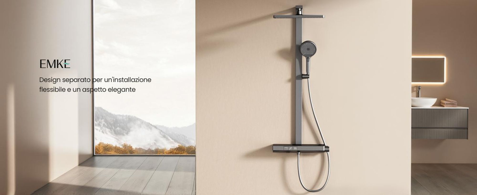 Sistema doccia EMKE con termostato, pannello doccia, doccia a pioggia 36x24cm, rubinetteria 3 in 1 per vasca e doccia per il vostro bagno moderno, KTW, antracite opaco