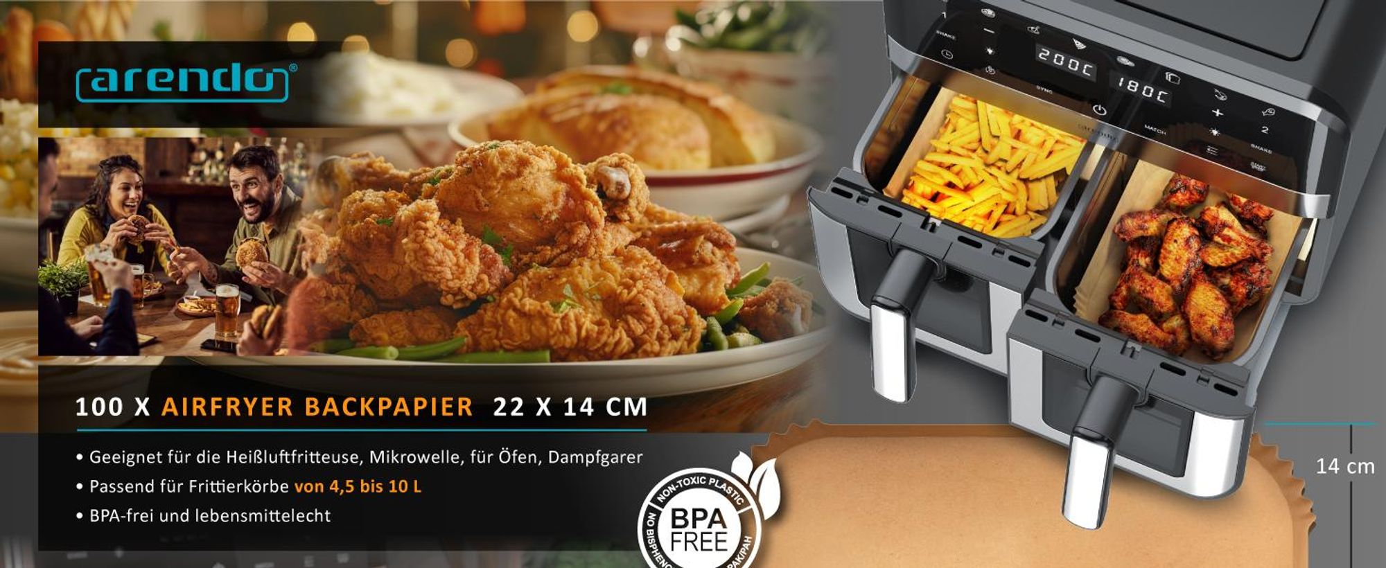 Arendo Backpapier für Heißluftfritteuse, rechteckig, 4,5 - 10 L, 22 x 14 x 4,5 cm, antihaft, ungebleicht, für Ninja Airfryer AF300EU & AF400EU, 100 Stück
