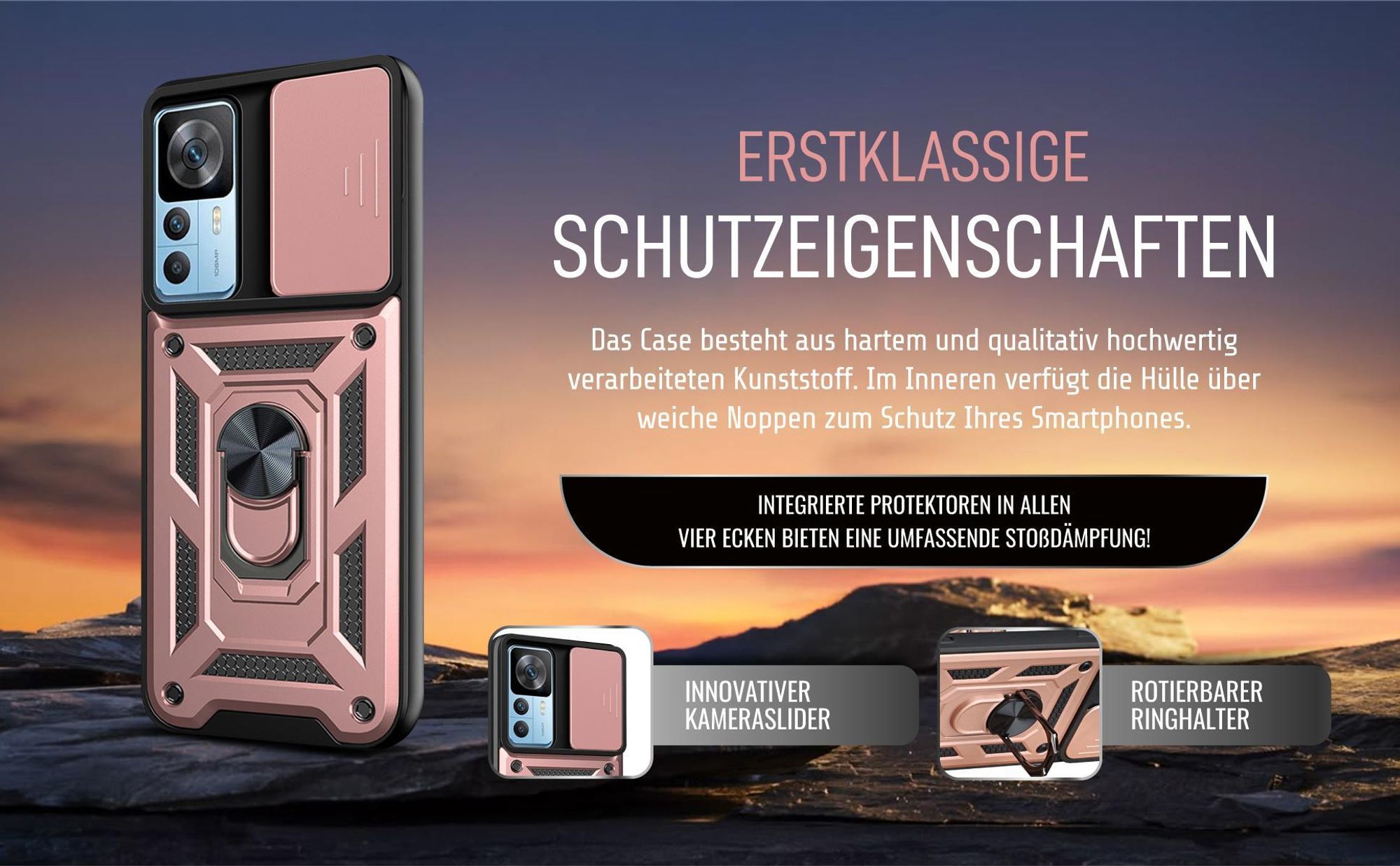 Handycase in Rosegold für Xiaomi 12T / 12T Pro mit Ringhalter