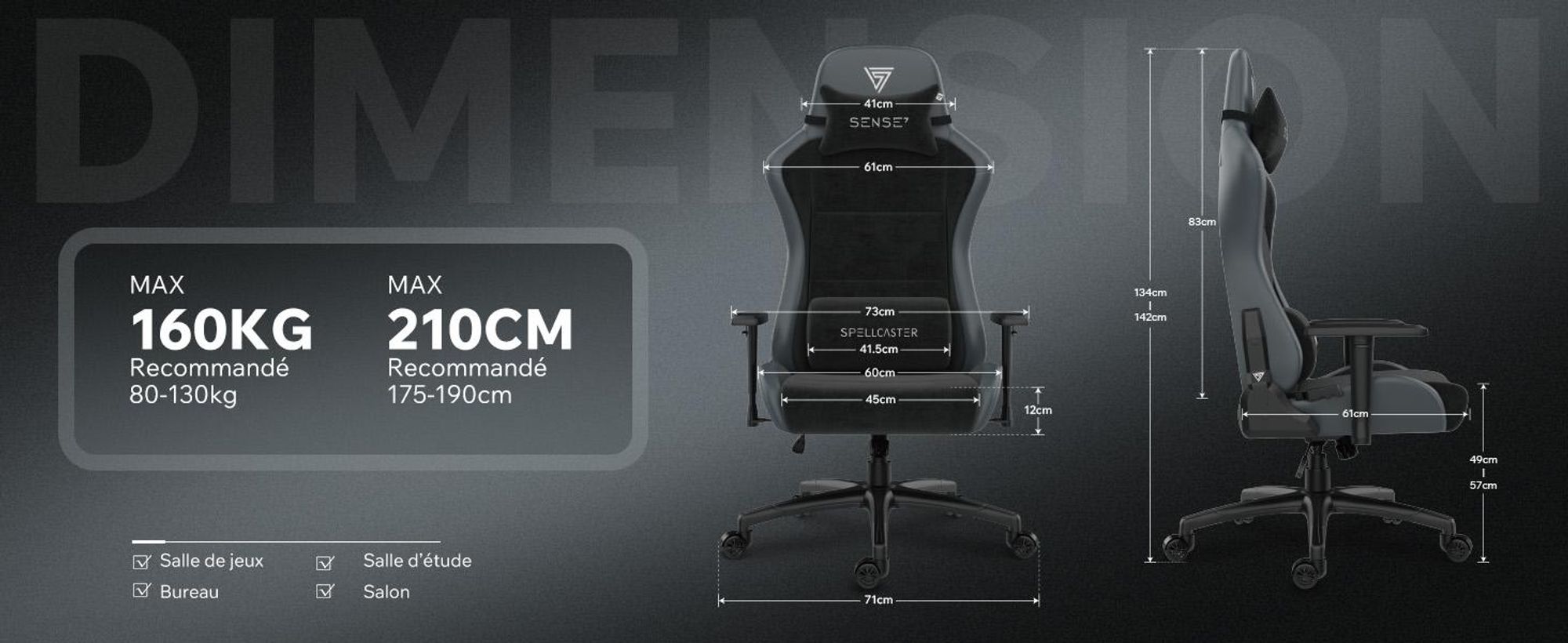 Fauteuil gaming SENSE7 Spellcaster FUKU XL en Alcantara noir - Fauteuil de bureau ergonomique pour personnes de grande taille, supportant jusqu'à 160 kg, rembourrage en mousse à froid, assise large