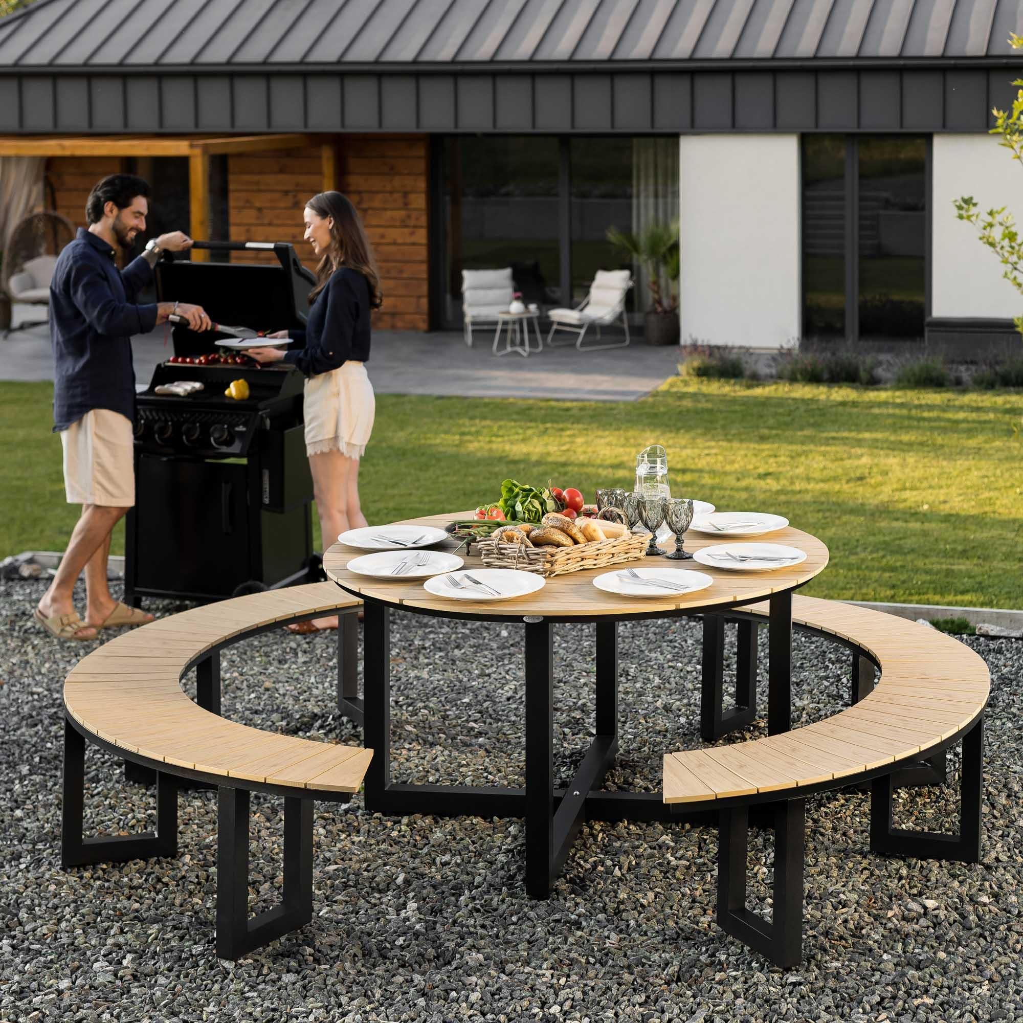 di volio Gartenmöbel Set PORTOFINI - Beige, Sitzgruppe outdoor mit rundem Tisch und Sitzbänken, Esstisch mit stühlen aus wetterfestem PS-Board