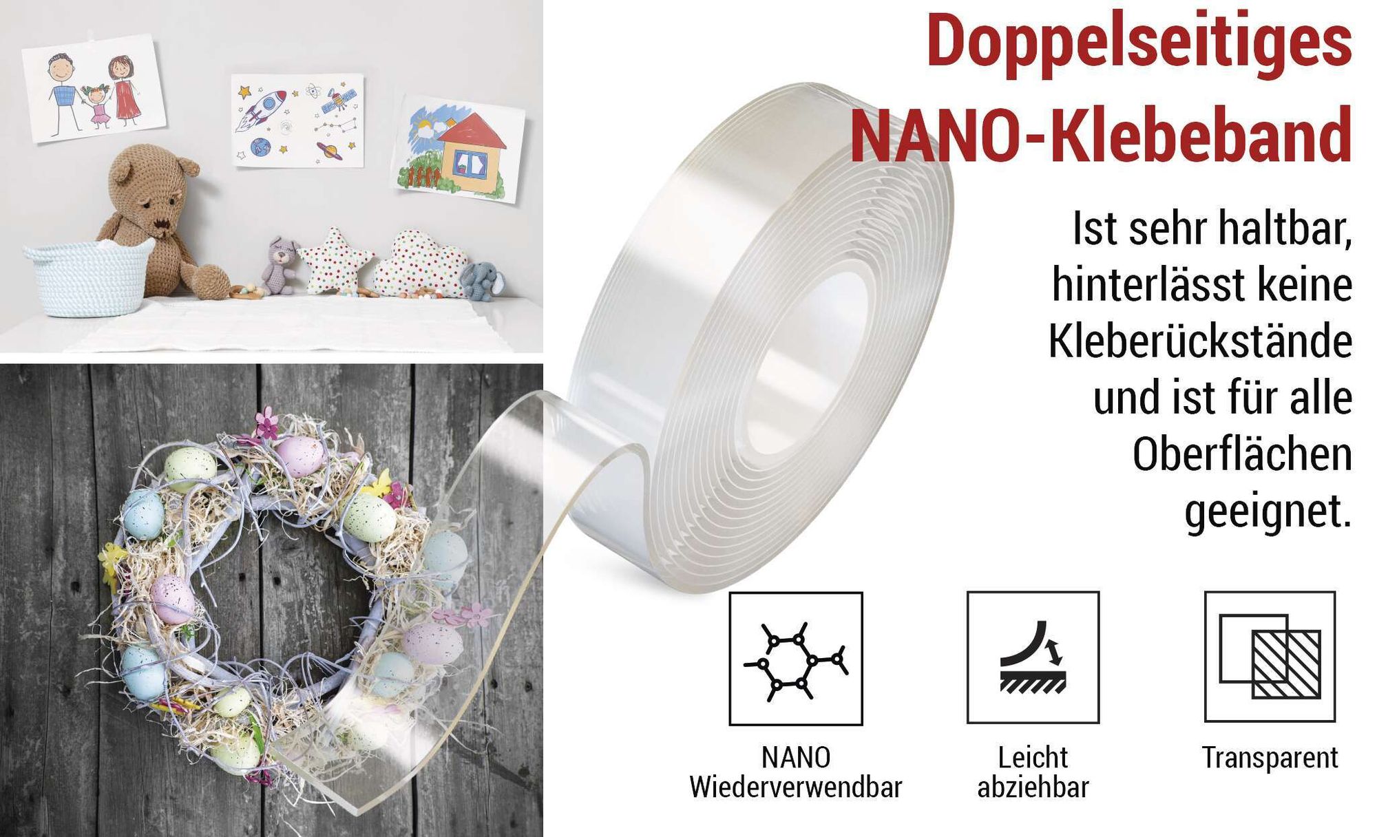 EMOS Doppelseitiges Akryl-Klebeband, wiederverwendbares Nano-Tape, abnehmbare Klebestreifen, transparent, 3 cm breit, 3 m lang