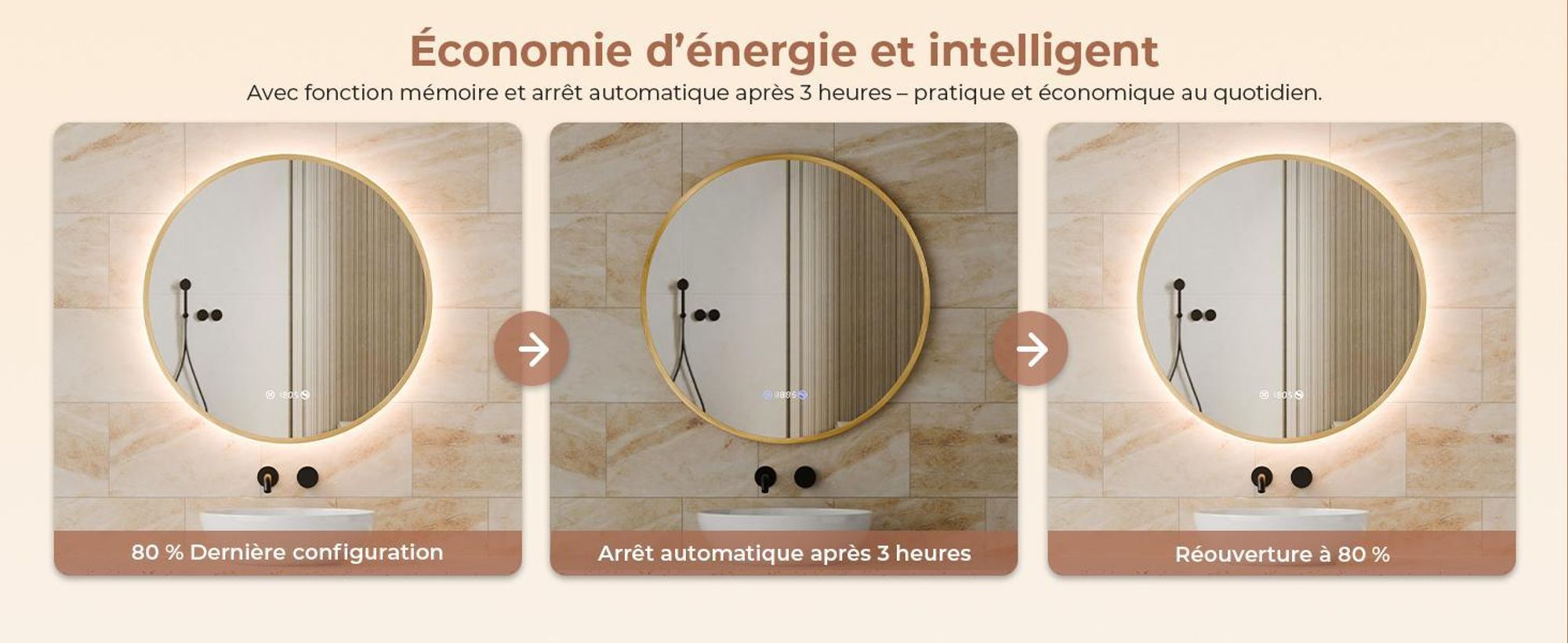 S'AFIELINA miroir salle de bain LED 70 cm rond, tactile, anti-buée, variateur, horloge, température, mémoire, bordure dorée.