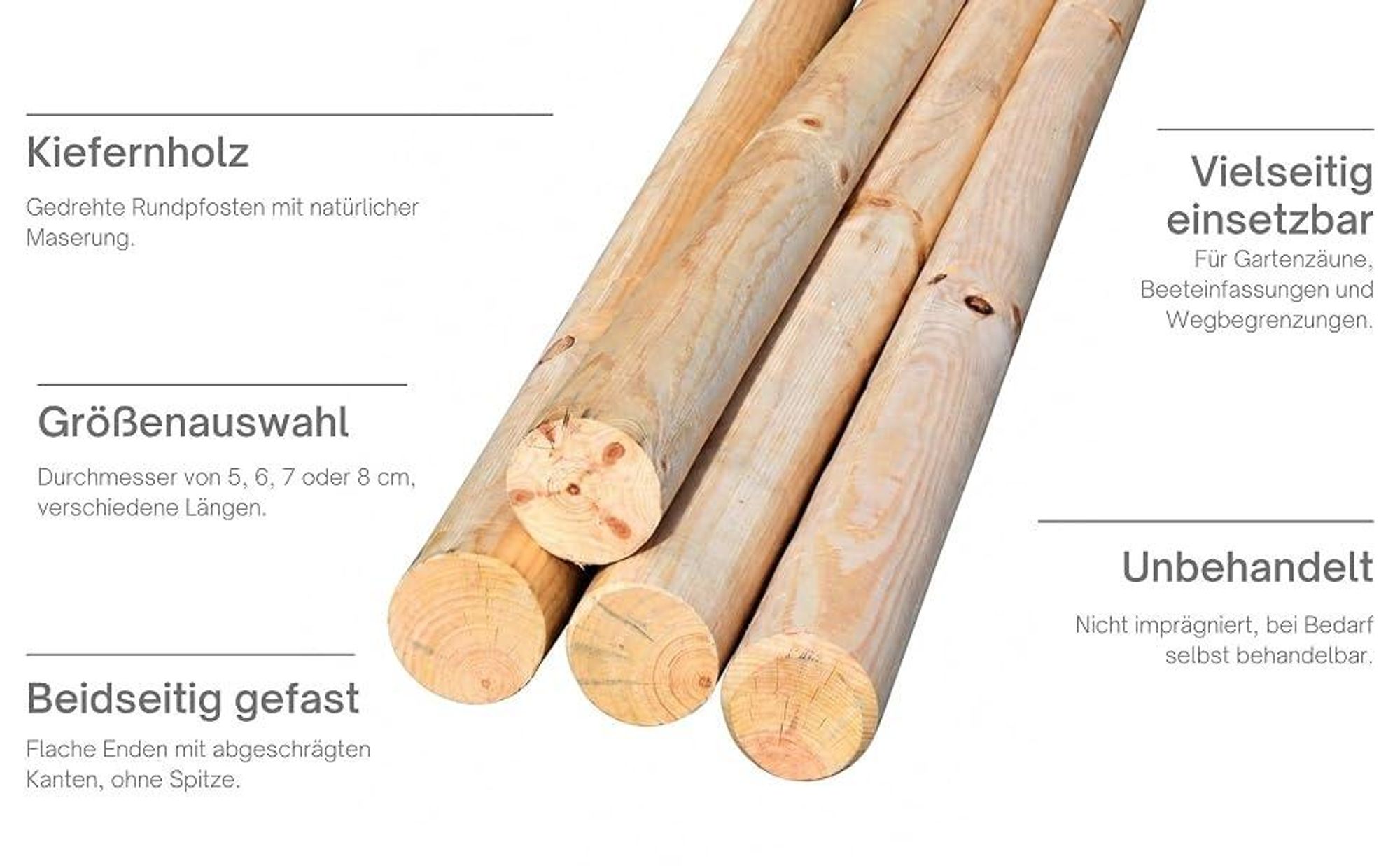 TIMBERMIK Holzpalisaden Ø 6x240 cm 4er-Set Beidseitig Gefast Unbehandelt Kiefernholz Nicht Imprägniert Ohne Spitze