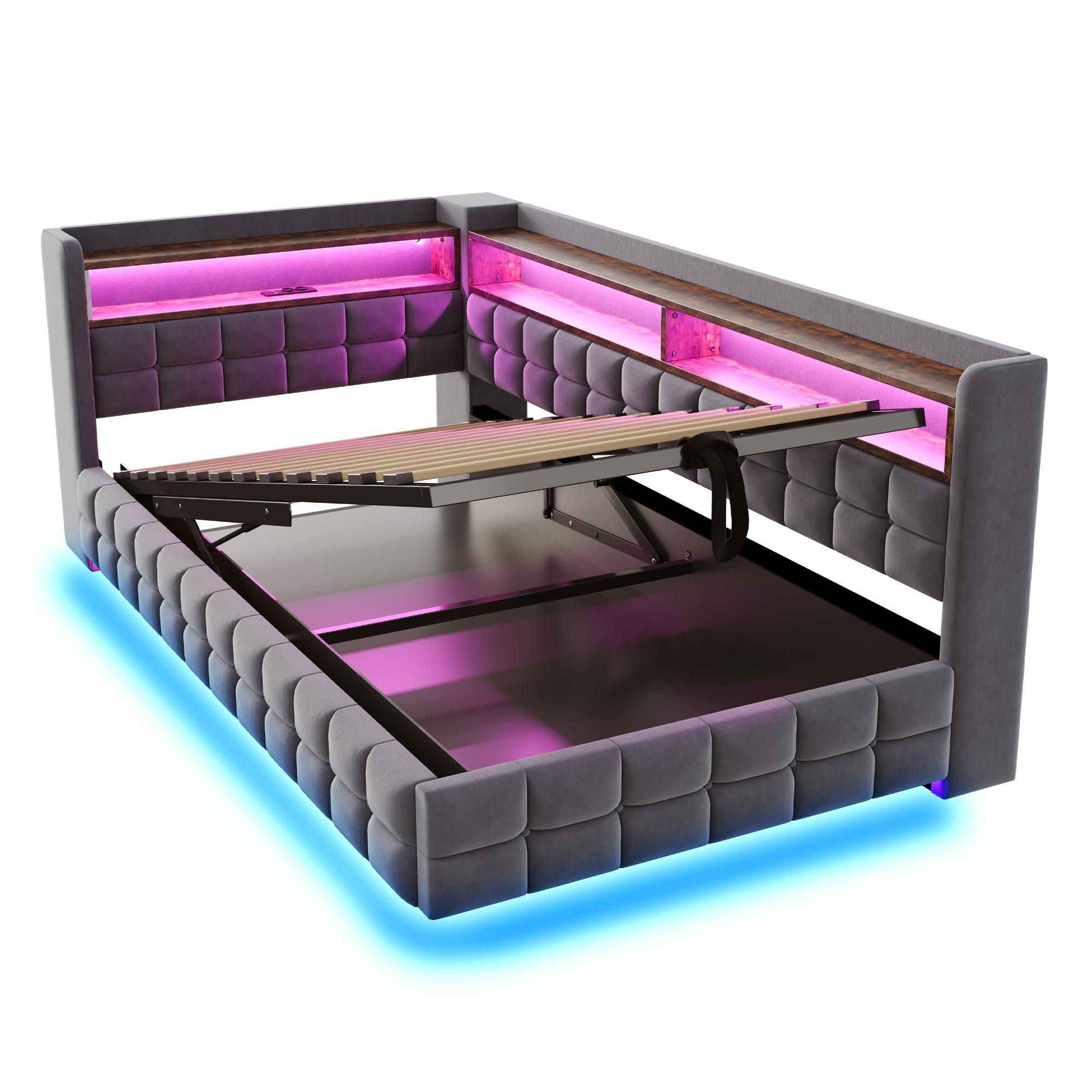 Merax Polsterbett Schlafsofa 90x200cm mit LED-Beleuchtung, Tagesbett mit Hydraulischer Stauraum und Holzregal, USB-Ladeanschlüsse, Samtstoff, Grau