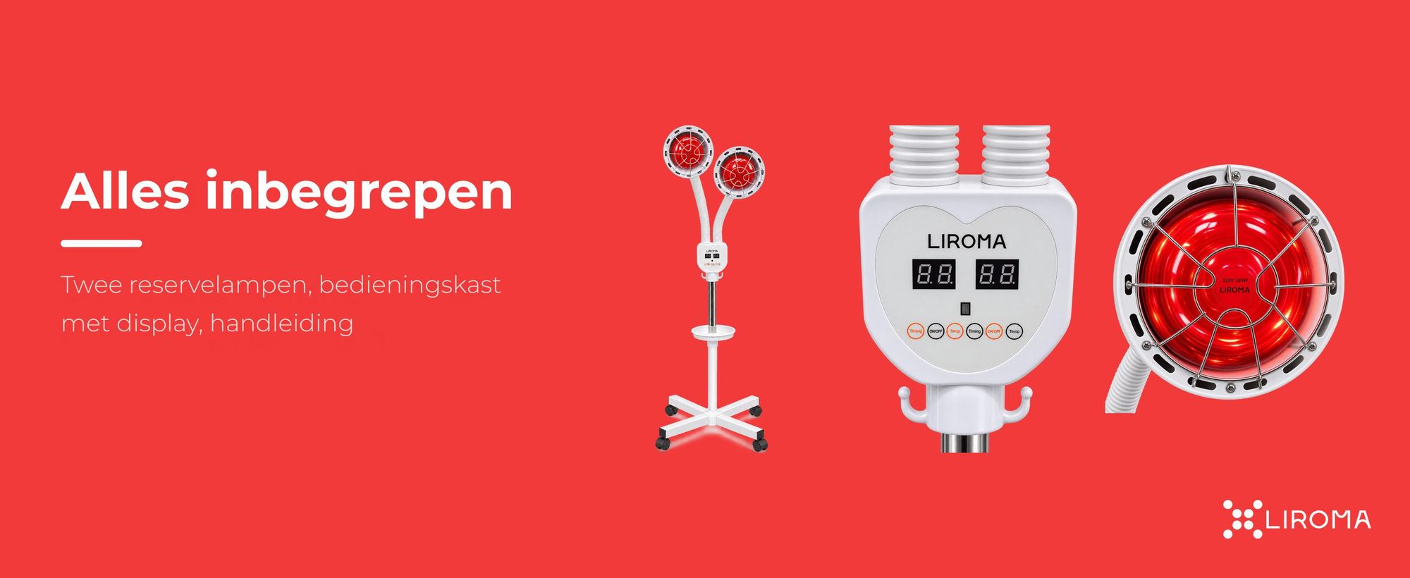 Inhoud LIROMA infraroodlamp dubbele kop: lamp, twee reservelampen, bedieningskast