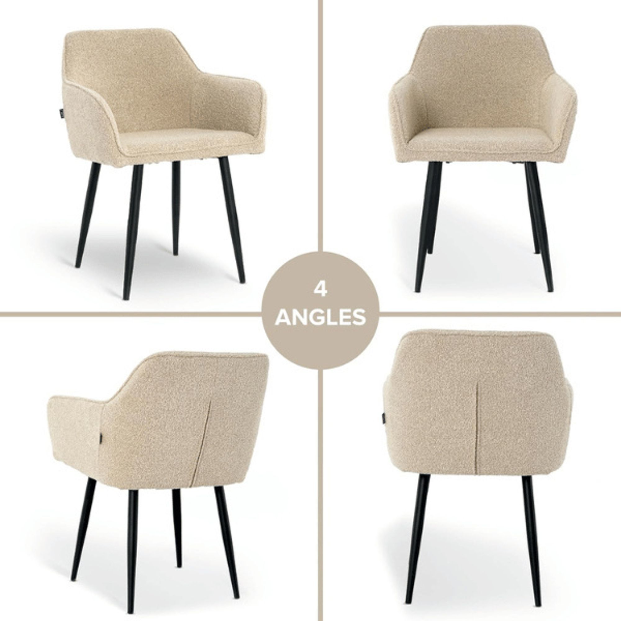Lina® Diamond Esszimmerstuhl Bouclé Beige mit Armlehnen – Stilvoller Stuhl für Esszimmer, Büro und Küche mit schwarzen Metallbeinen