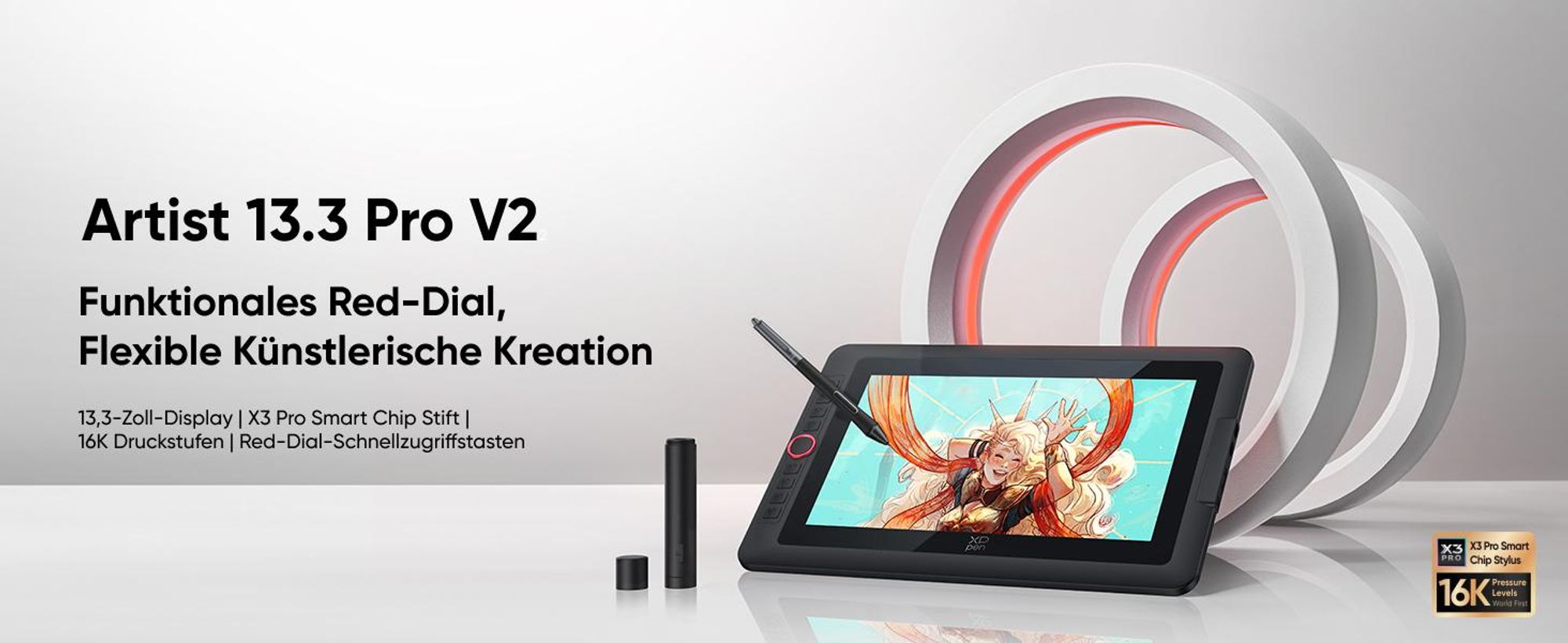 XPPen Artist 13.3 Pro V2, Kabelgebunden, 5080 lpi, 293,76 x 165,24 mm, USB, 1 cm, 0,01 mm
