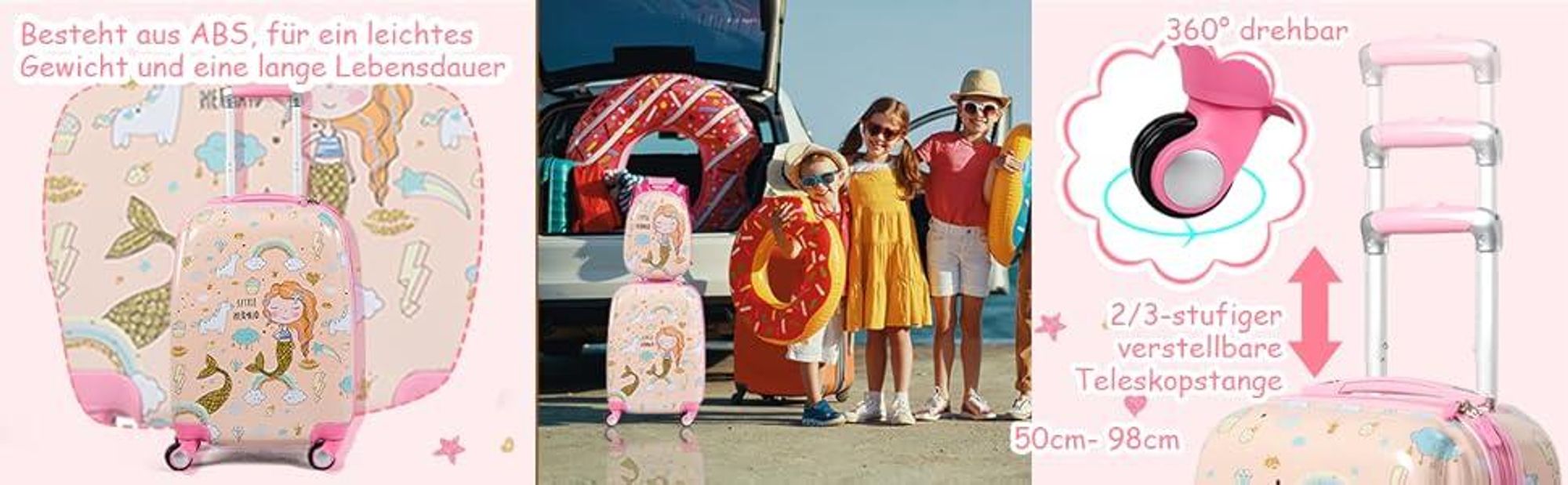 Kiderkoffer mit Rucksack, Kinderkoffer-Set mit 4 Rollen, Kindertrolley 18 Zoll + 12 Zoll (Pink)