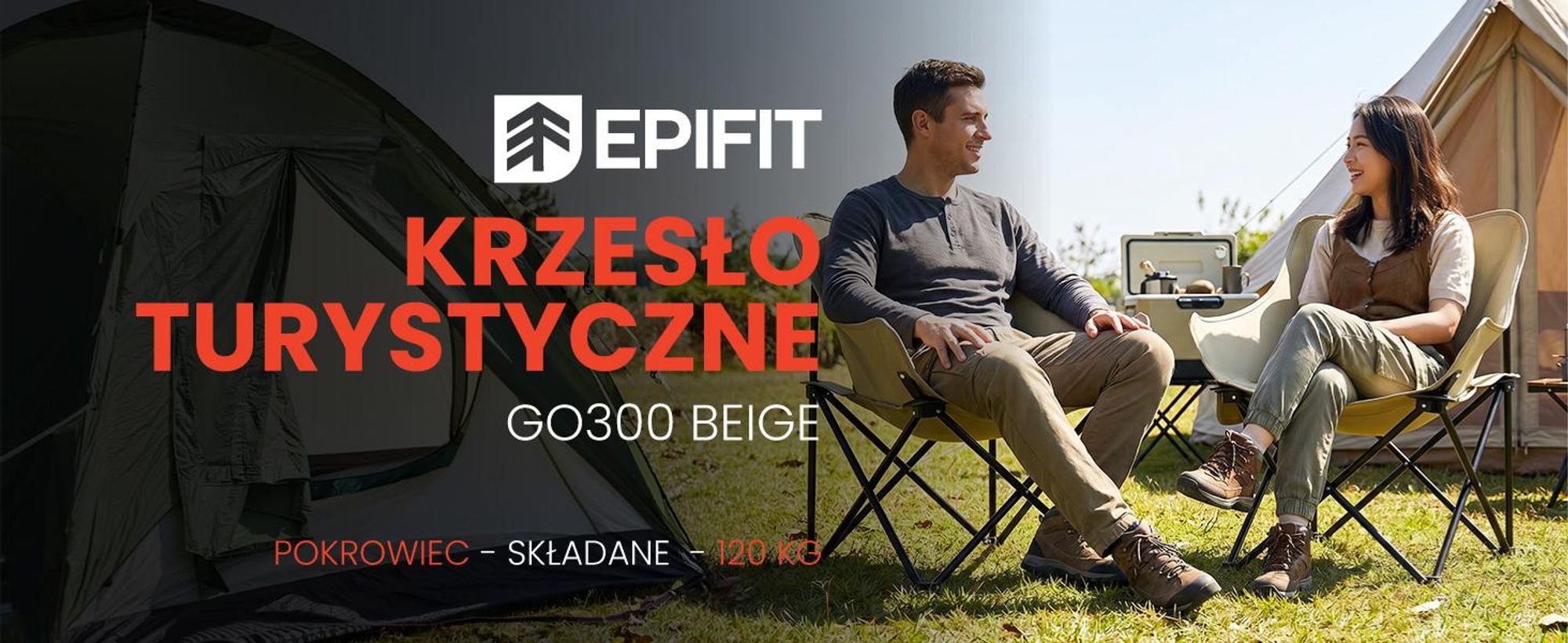 Krzesło turystyczne kempingowe beżowe z uchwytem na butelkę i podłokietnikami
