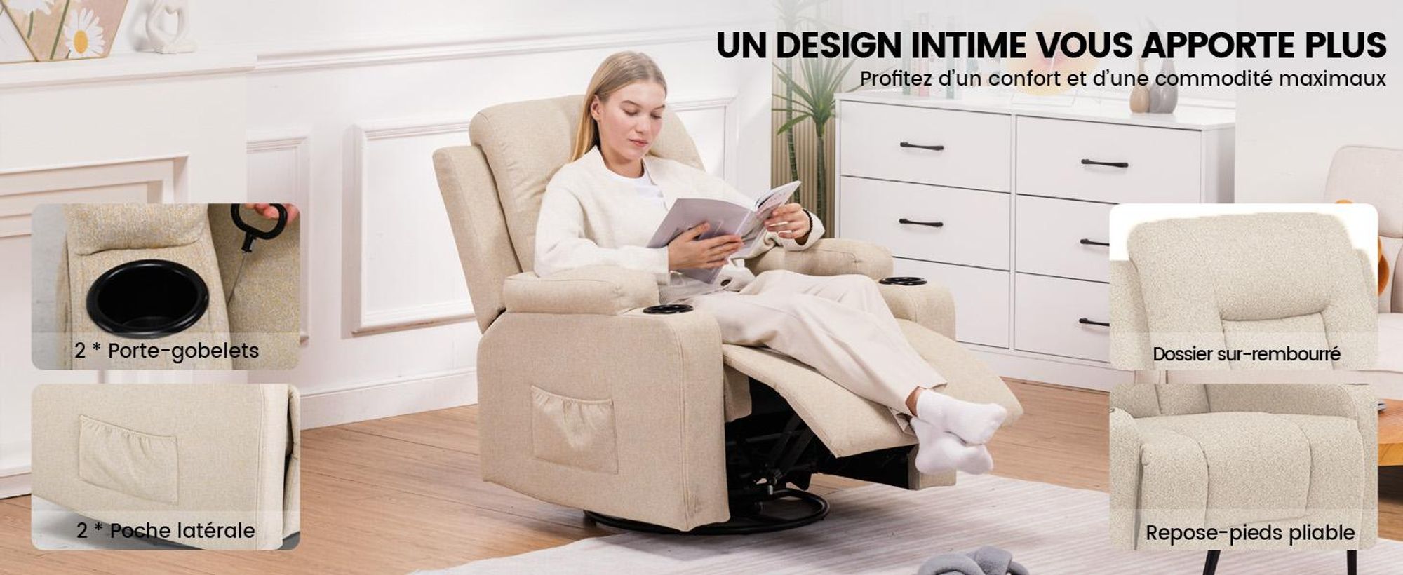 COMHOMA Fauteuil de relaxation Fauteuil TV en tissu avec fonction chaise longue Fauteuil TV réglable, Recliner Chair, beige-tissu