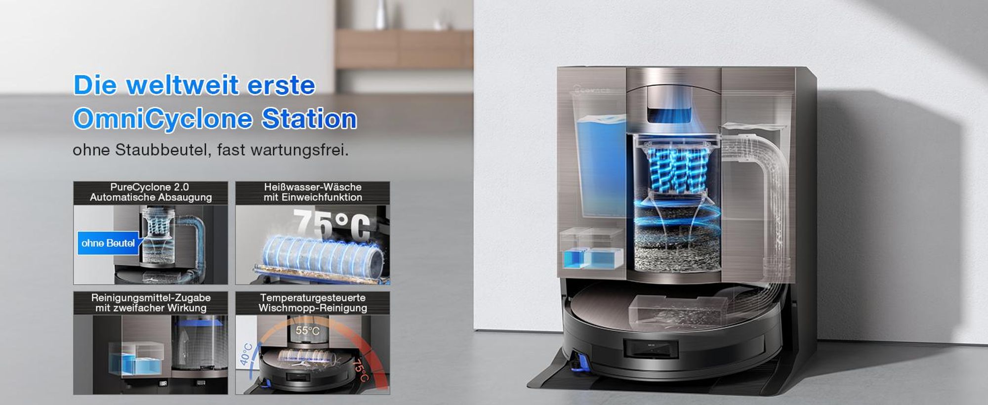 ECOVACS DEEBOT X11 OMNICYCLONE Staubsauger Roboter mit Wischfunktion, Blast + 19.500 Pa, ultraschnelles Akkuladen, PureCyclone 2.0 Auto-Entleerung