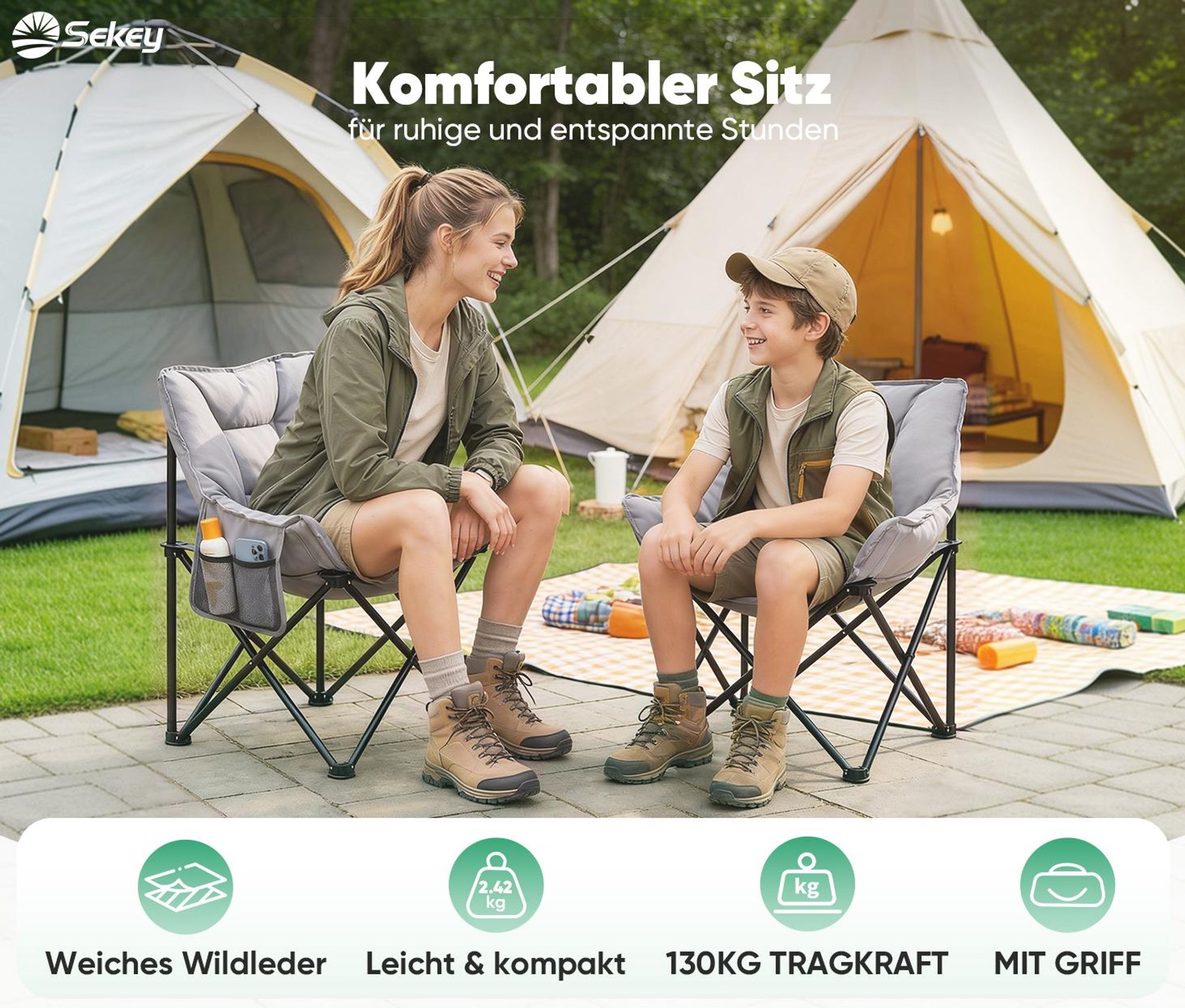 Sekey Campingstuhl Gepolstert Klappstuhl Camping Faltstuhl Angelstuhl bis 130 kg, Grau