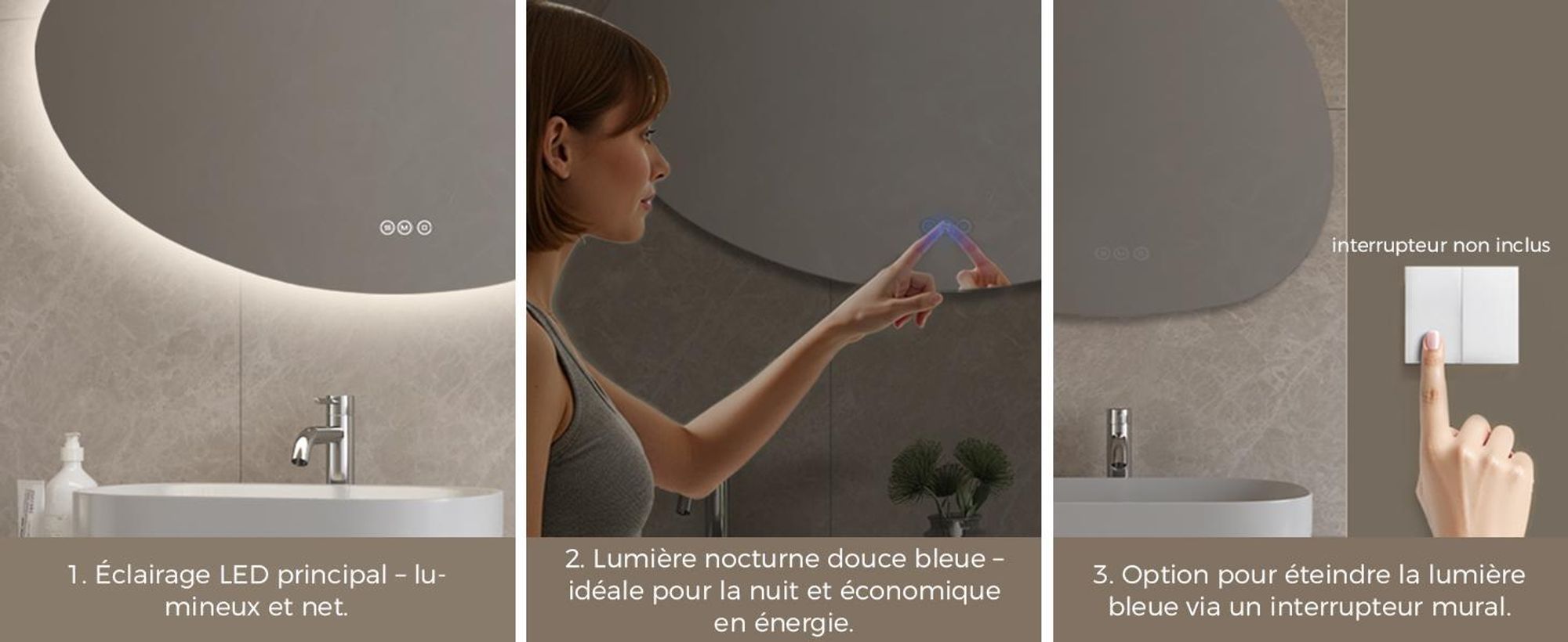 S'AFIELINA 75×55 cm Miroir asymétrique LED - miroir de salle de bain avec éclairage, variateur d'intensité, montage horizontal/vertical, antibuée,salle de bain & couloir
