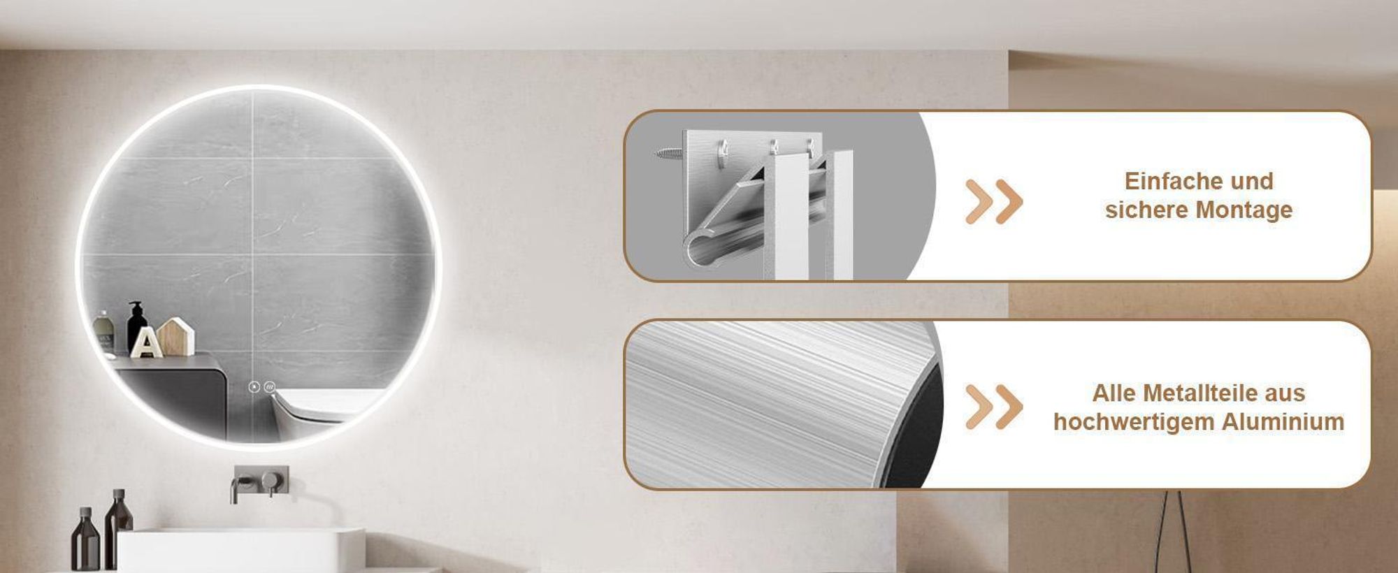 HOKOBadspiegel Anti-fog Rund 80cm mitRahmen+TouchSchalter+LichtWechsel Warmweiß-Kaltweiß-Neutral Licht mit TouchSchalter und Wandschalter einschaltbar