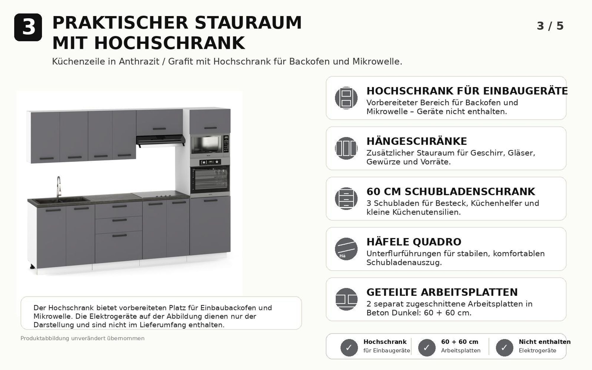 Praktischer Stauraum mit Hochschrank, Hängeschränken und 60 cm Schubladenschrank.