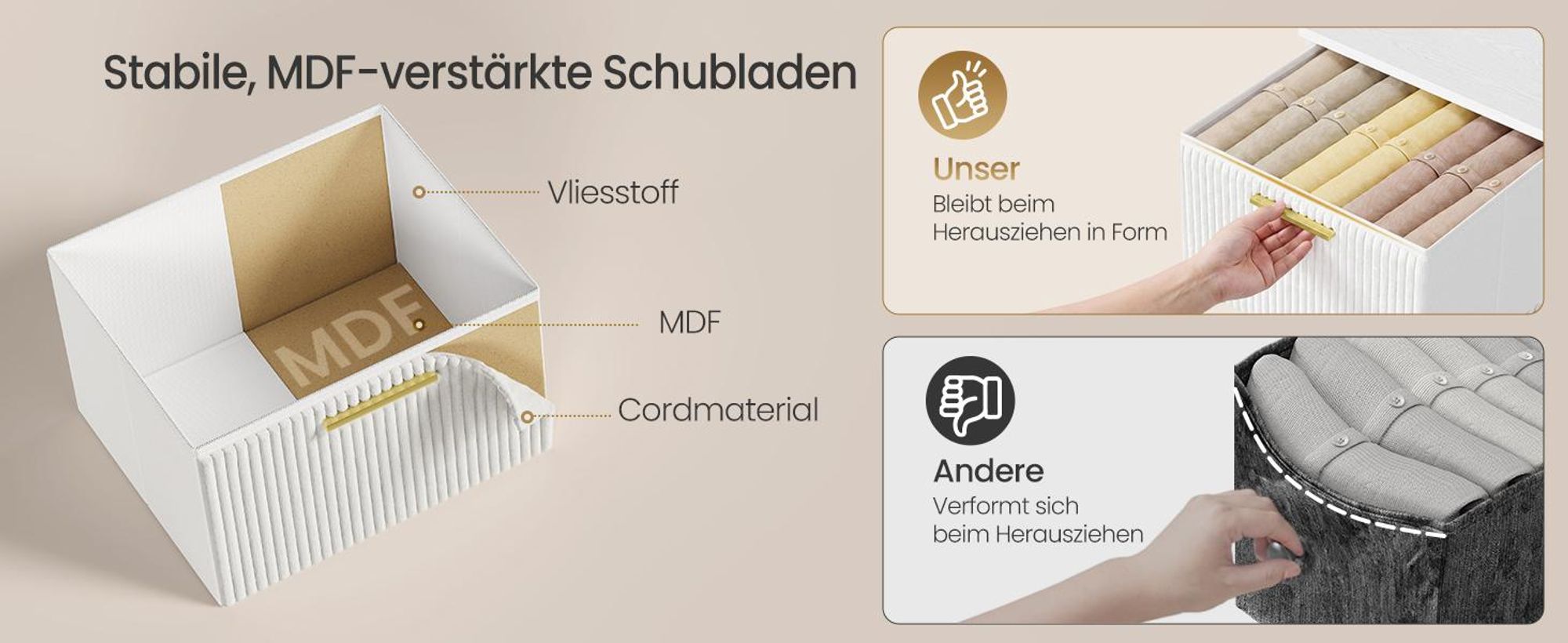 SONGMICS Kommode mit 4 Schubladen Schmaler Aufbewahrungsschrank aus Cord 39,6 x 30 x 96,2 cm Weiß