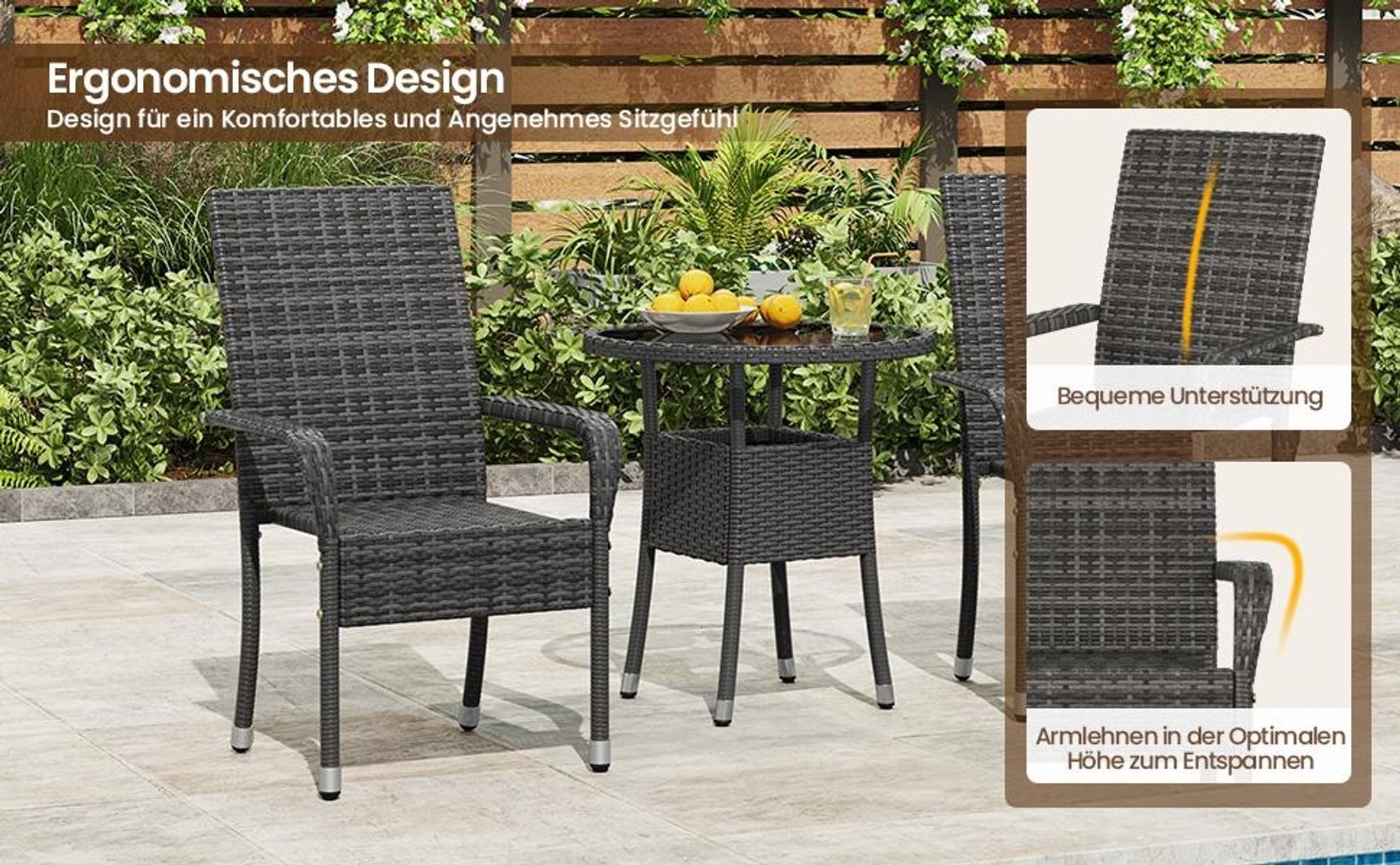Yaheetech 2er Set Gartenstuhl aus Polyrattan, stapelbare Rattan-Stühle, mit Armlehnen & Rückenlehne, verstellbare Schutzfüße, Grau