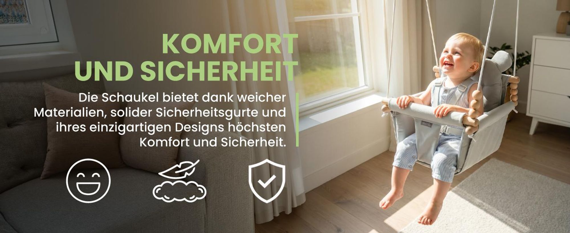 Graue Kinderschaukel Babyschaukel aus Baumwolle mit Kissen an Schnüren
