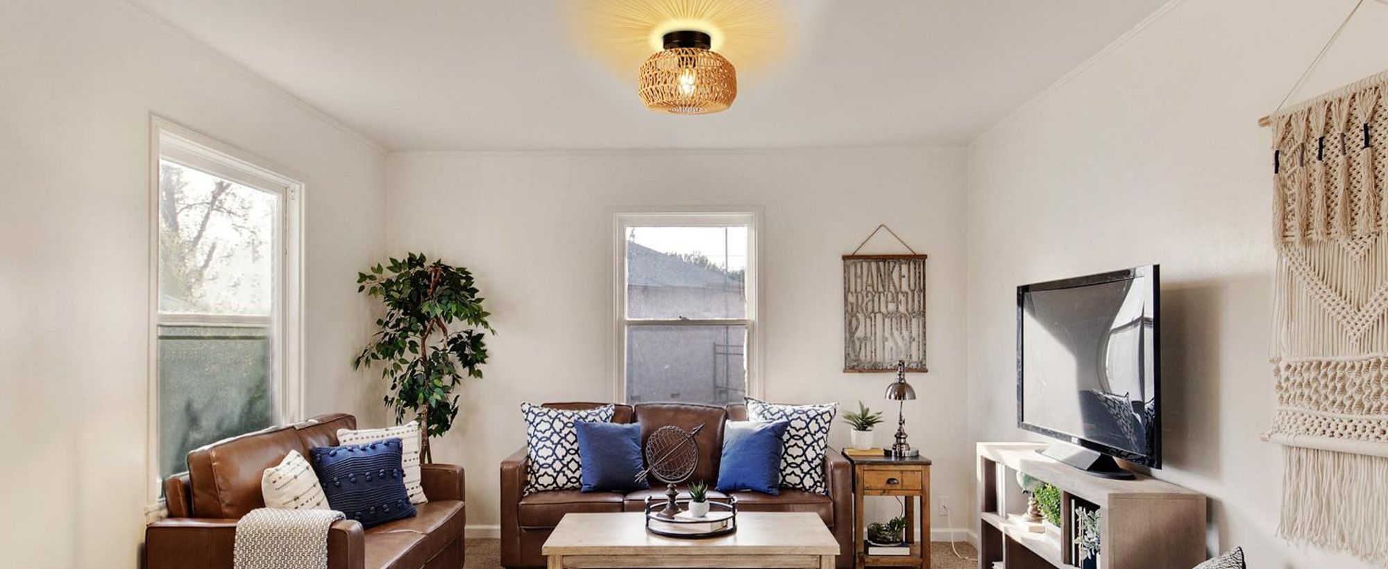 Deckenlampe Boho Vintage Deckenleuchte E27 Pendelleuchte mit Rattan Lampenschirm Hängelampe für Wohnzimmer, Schlafzimmer, Küche, Flur