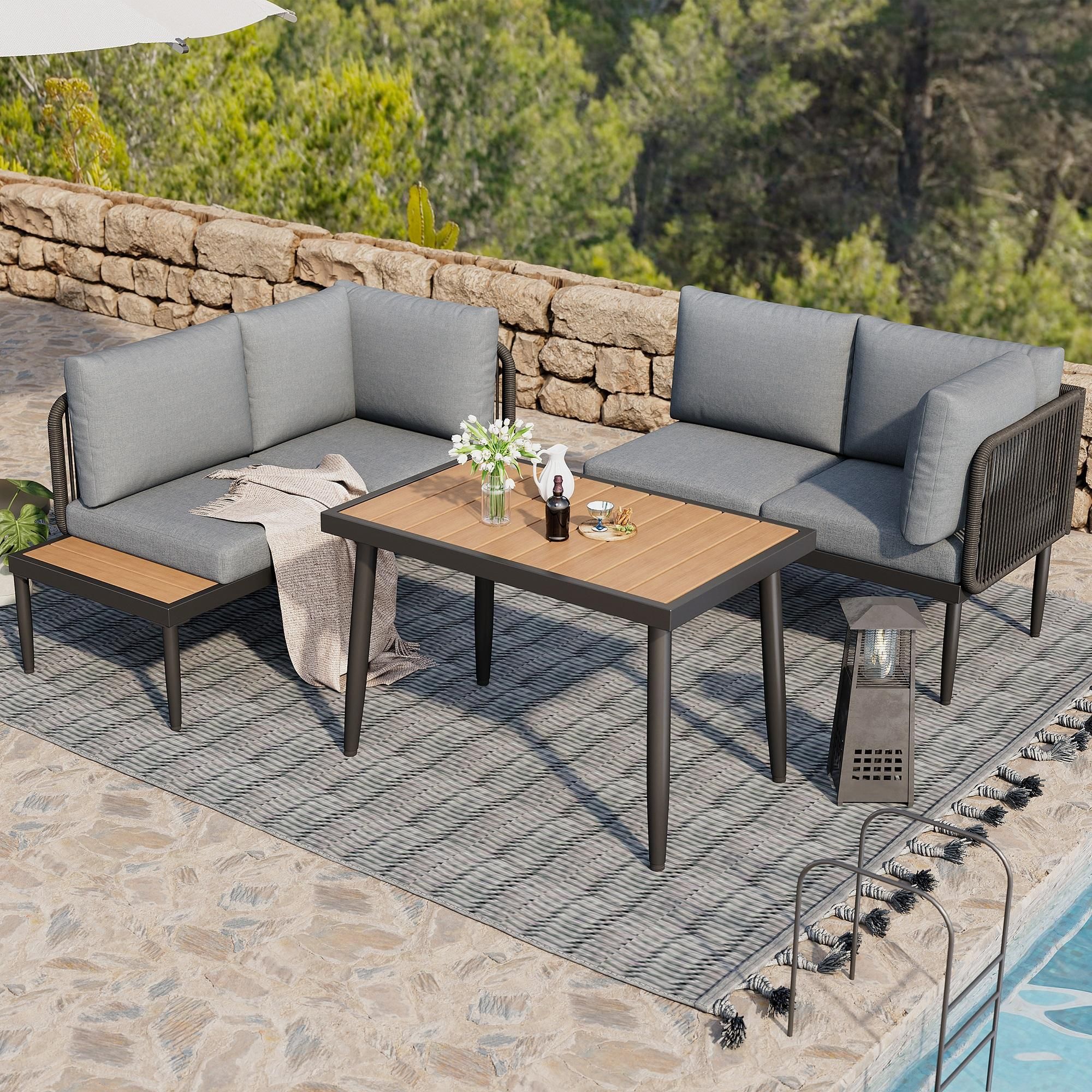 Flieks Gartenlounge-Set 3-tlg. für 4 Personen, Balkonmöbelset Gartenmöbelset aus Seil, Tisch mit Kunststoffplatte, Terassenmöbel Sofagarnitur, Grau