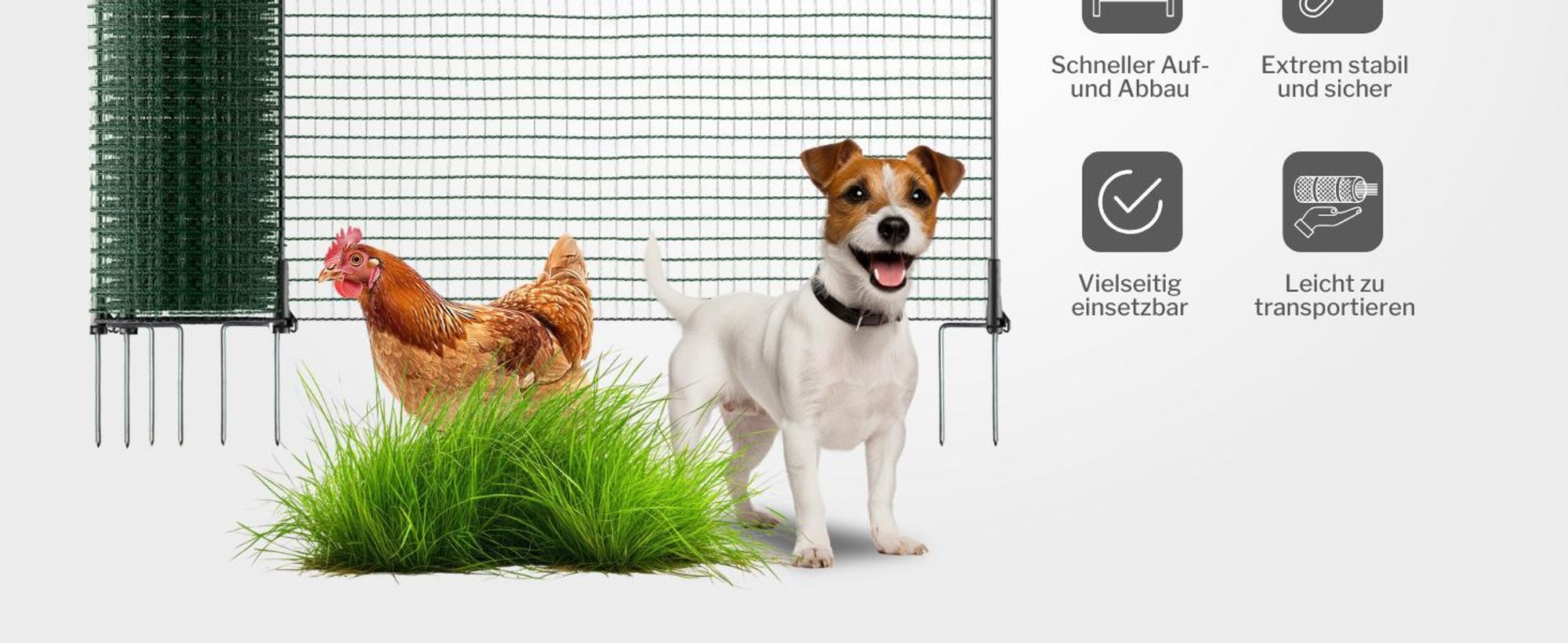 horizont Hundezaun 15 m x 90 cm, 9 Pfähle mit Doppelspitze, engmaschig – Begrenzungszaun FIX – Gartenzaun zum Stecken, Weidezaun, Hühnerzaun – Mobiler Zaun für Hunde & Camping 15m