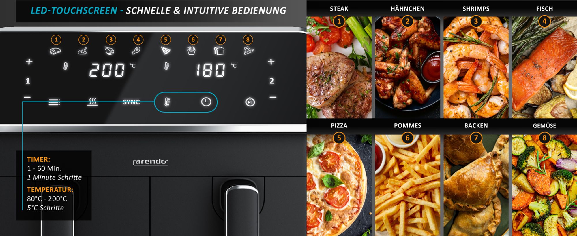 Arendo Heißluftfritteuse XXL, Doppelkammer, Dual Zone, 2in1 Backofen und Airfryer, 2x 4L, 2700W, 3D Umluft, 8 Programme, Timer, SYNC, Antihaft