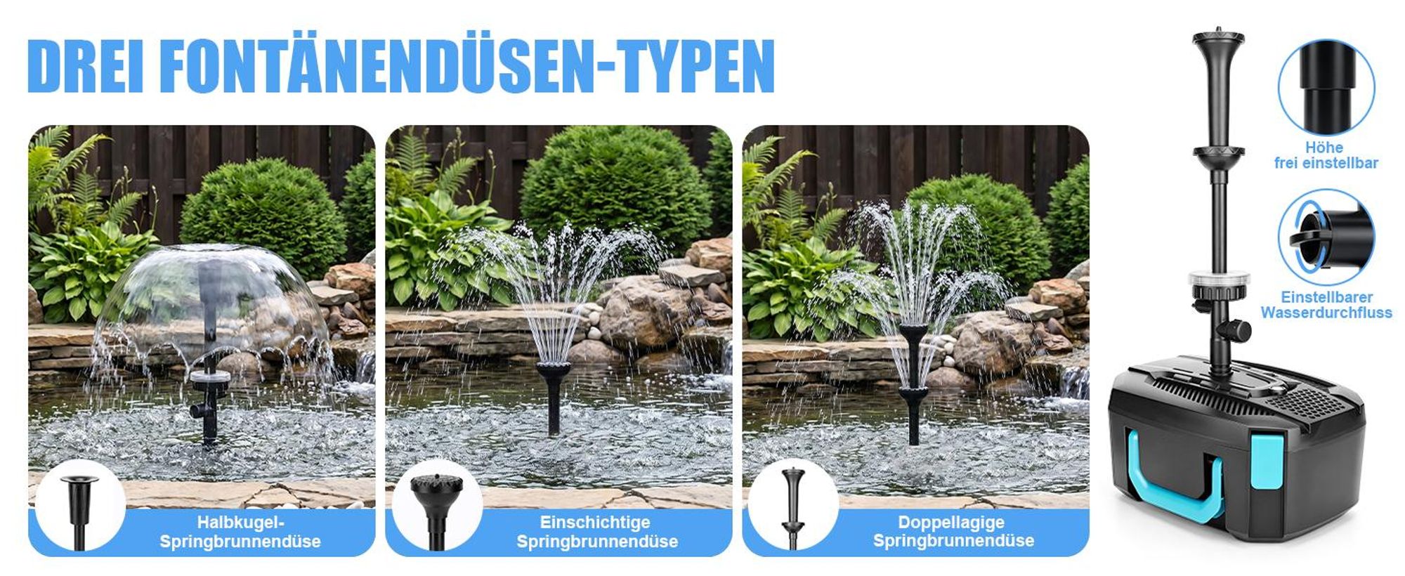 45W 3000L/H Springbrunnenpumpe mit UVC-Klärer & RGB Teichpumpe mit Teichfilter 3 Düse Wasserspielpumpe Bachlaufpumpe Wasserpumpe Fontäne Gartenbrunnen