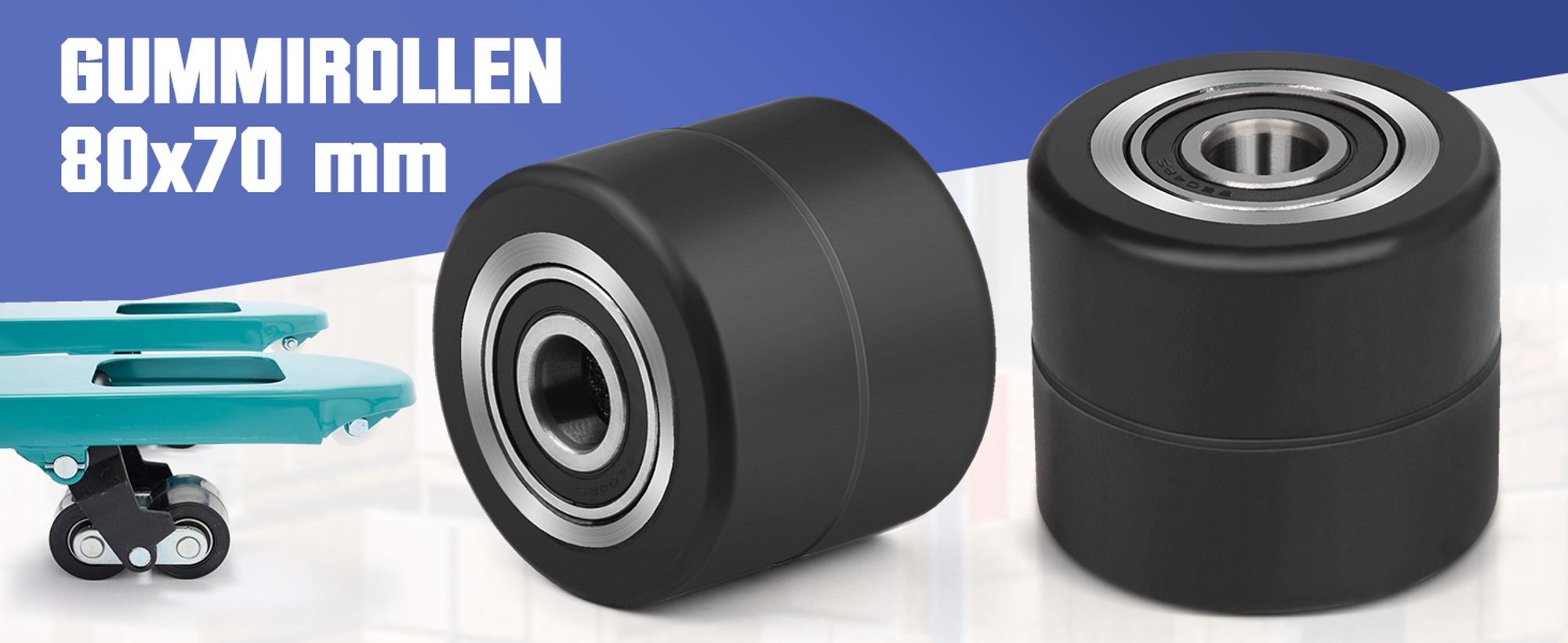 4 Stück Hubwagenrollen Gummirollen 80x70 mm, Achse 20 mm inkl. Kugellager Rollen Laufrollen für Hubwagen Ersatzrollen, Max. Belastung 600 KG