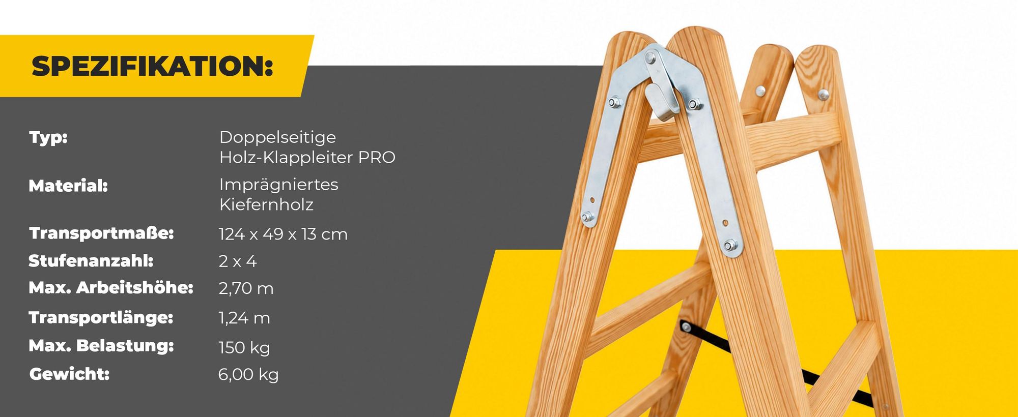 DRABEST | Leiter - PRO Serie - Malerleiter Holz - Holzleiter - 2 x 4 Stufen - Zweiseitige Klappleiter - Haushaltsleiter -  bis 150 kg belastbar