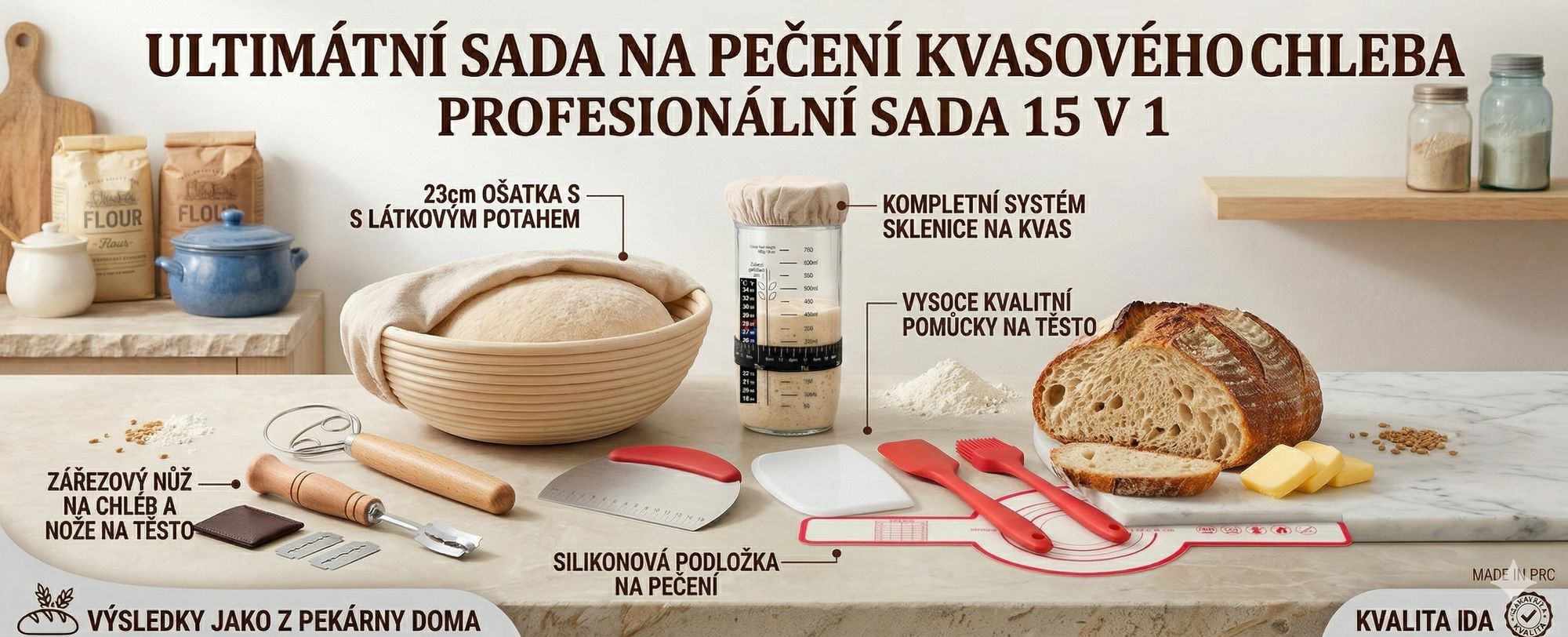 Startovací sada pro pečení chleba z kvasu s kvasnou miskou o průměru 23 cm, kvasnou nádobou o objemu 650 ml a nožem na těsto – DOUGHMASTER