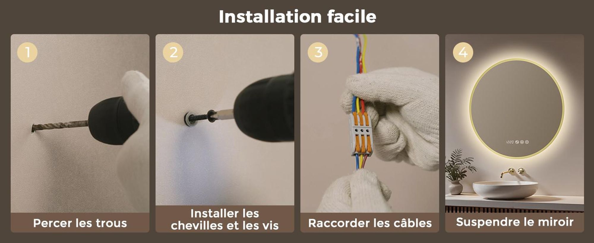 S'AFIELINA Miroir Salle de Bain LED Rond 70 cm avec Éclairage, cadre doré, 3 températures de couleur, variateur, antibuée, horloge & température
