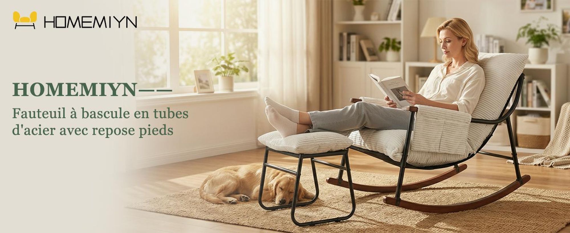 Fauteuil à bascule avec repose-pieds, accoudoirs, bois, chambre bébé, tissu rayé, blanc