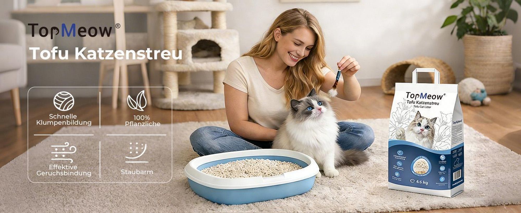 TopMeow Tofu Katzenstreu 18,4 kg, 100% pflanzlich, 3-Sekunden Schnellklumpen, staubarm & starke Geruchsbindung, Hohe Saugfähigkeit Klumpstreu