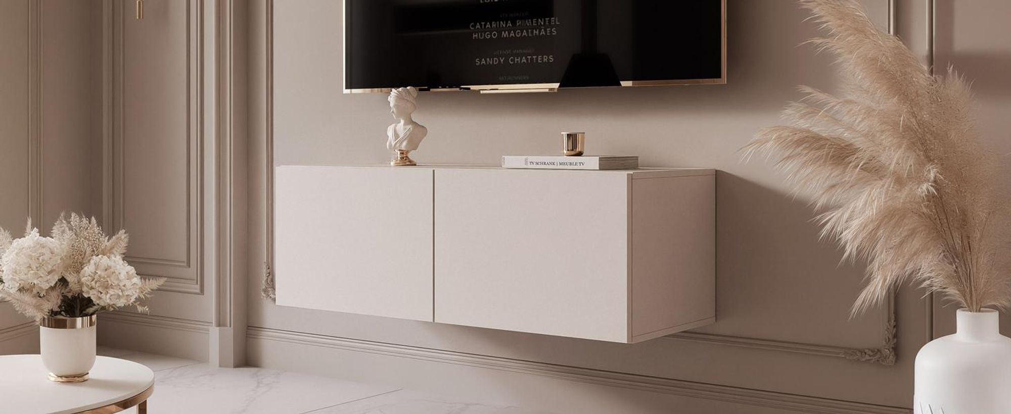 Idohome TV-Lowboard Angel 100 cm Kaschmir Matt – Fernsehschrank, Wohnzimmer, TV-Schrank, Medienmöbel, Hängeschrank mit LED-Beleuchtung, Push-to-Open