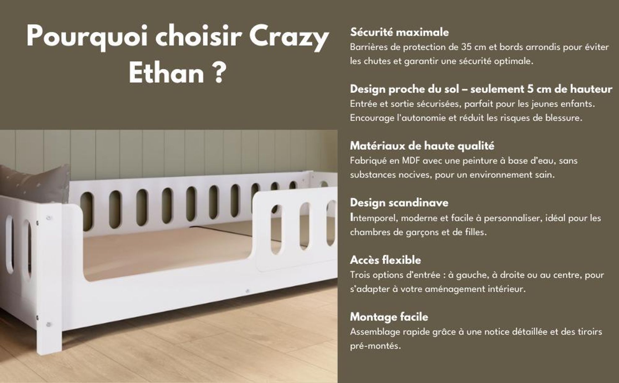 Crazy Pine Lit d'enfant 80x160 cm - Lit de sol Montessori blanc en MDF - Lit pour tout-petits avec bords arrondis, entrée à droite - Crazy Ethan