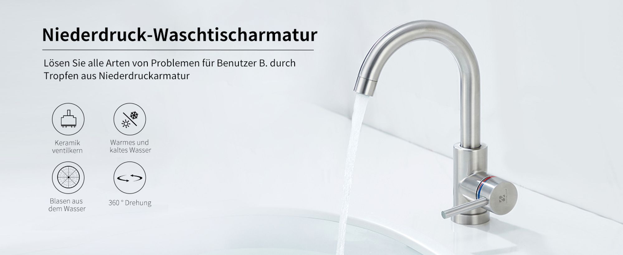 Niederdruck Wasserhahn Bad/Küche Niederdruck Badarmatur 360° Drehbar Badarmatur Küchenwasserhahn aus Edelstahl Spültischarmatur für Kaltwasser und Spüle Boiler