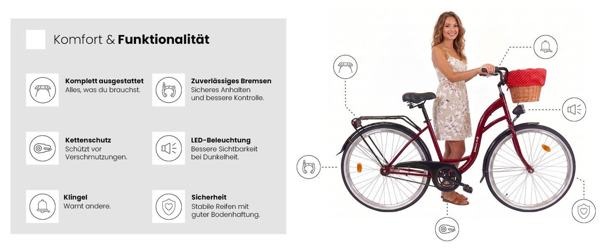 Dallas Bike Damenfahrrad 28 Zoll - Mit Weidenkorb - 1-Gang Rücktritt - Rahmen M 18" - Rot-Schwarz