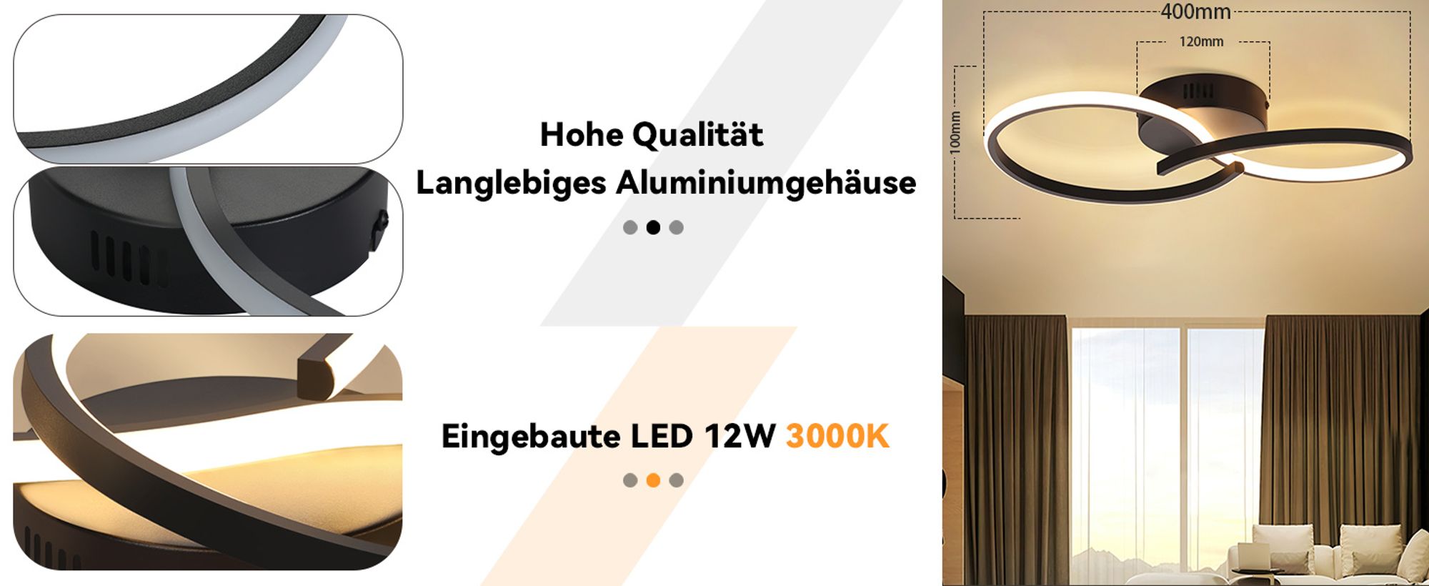 ZMH Deckenleuchte Wohnzimmer Deckenlampe Modern Wohnzimmerlampe Schwarz 12W Design Schlafzimmerlampe Innen 3000K Küchenlampe Warmweiß Deckenbeleuchtun