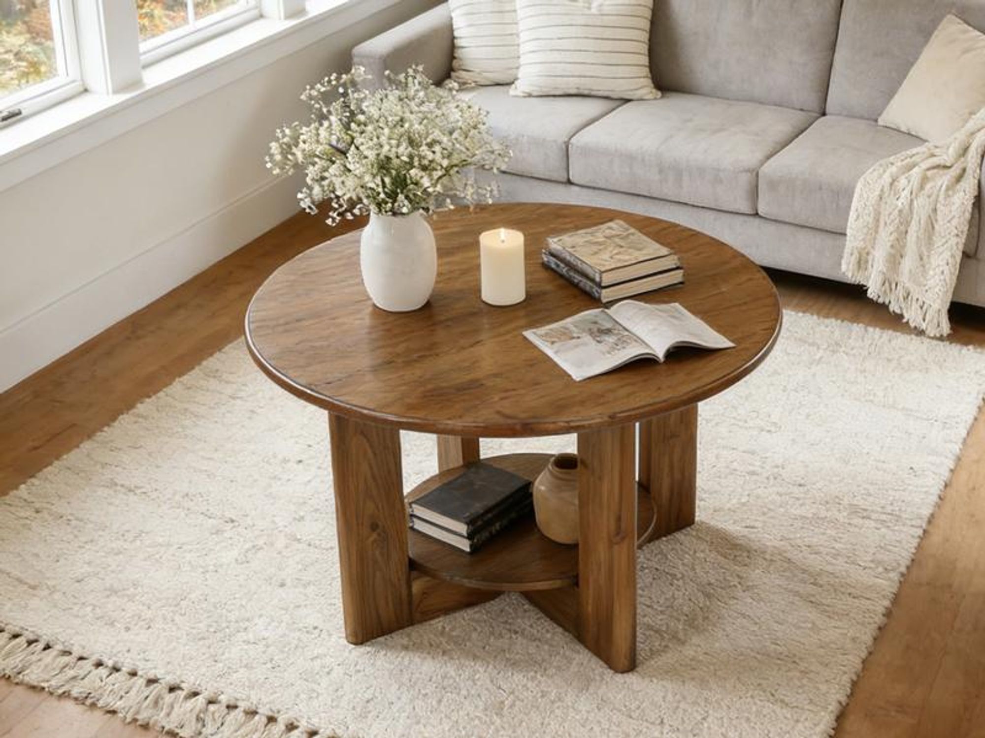 Tribesigns runder Couchtisch, runder Couchtisch aus Massivholz mit 2 Ablageflächen, kleiner Beistelltisch im Landhausstil, rustikales Braun