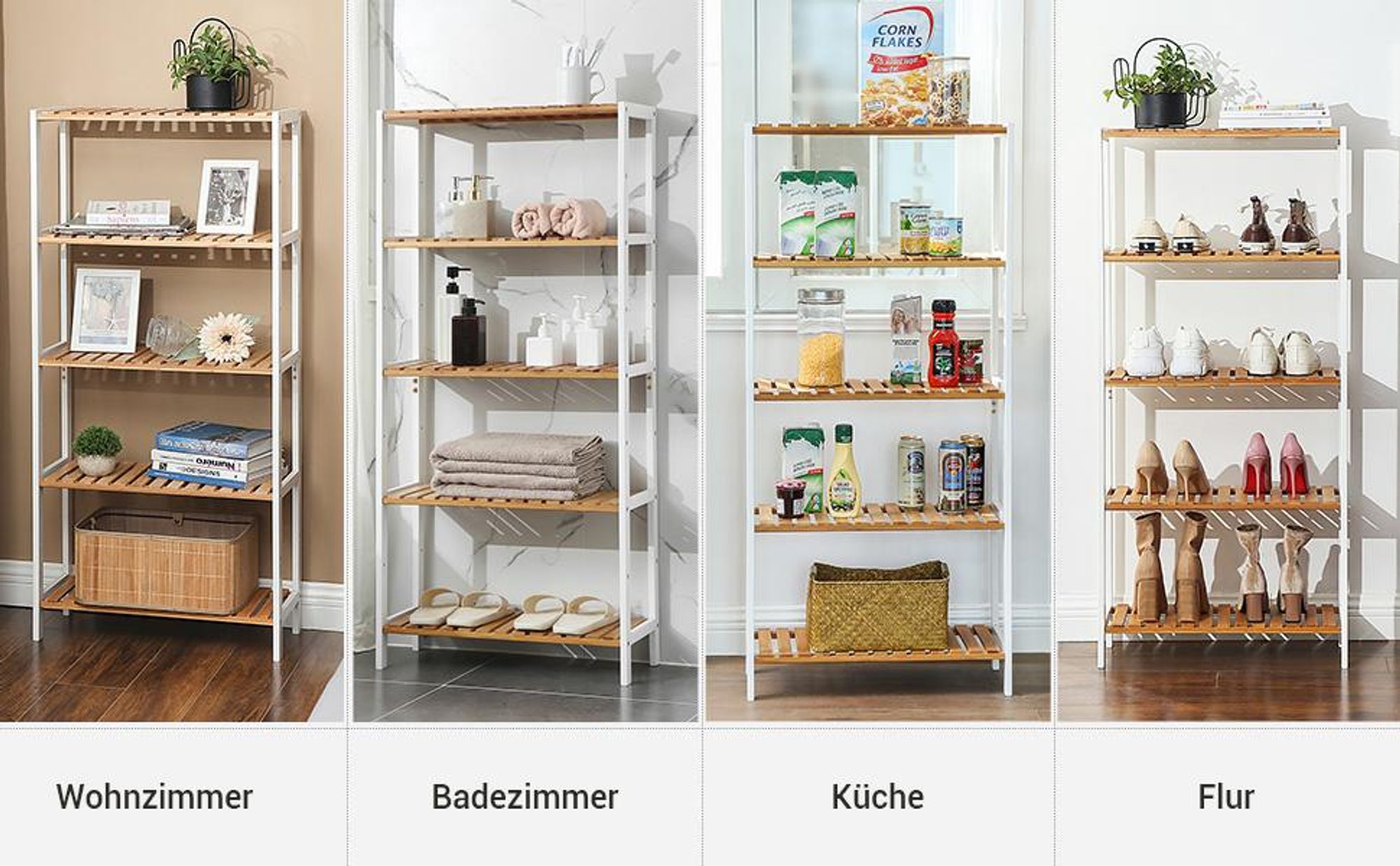 SONGMICS Badregal Bücherregal, 5 Ebenen, stufig höhenverstellbar, Bambus