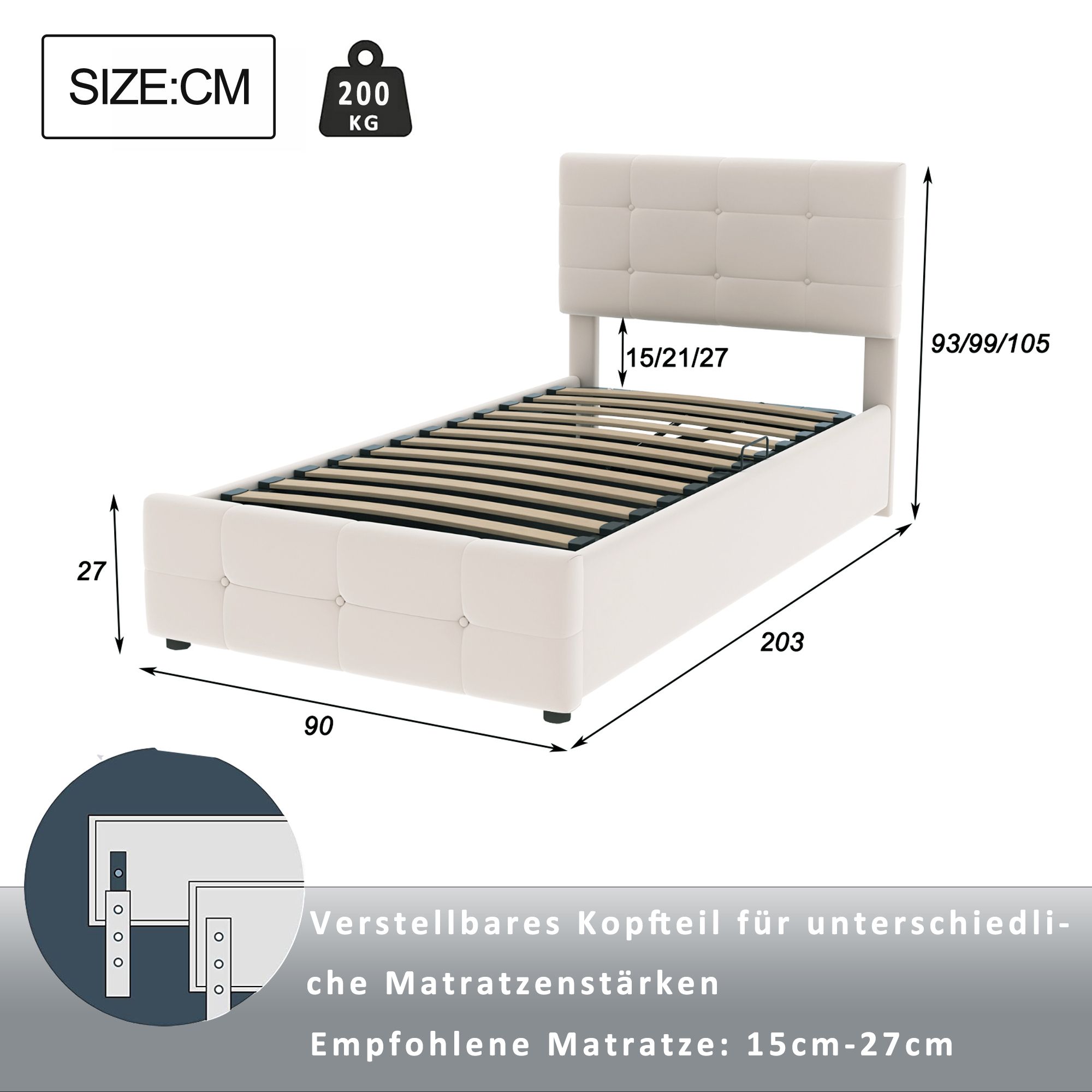 Flieks Hydraulisches Polsterbett 90x200cm mit Stauraum, Boxspringbetten Stauraumbett mit Lattenrost, Jugendbett Einzelbett Kinderbett, Samt, Beige