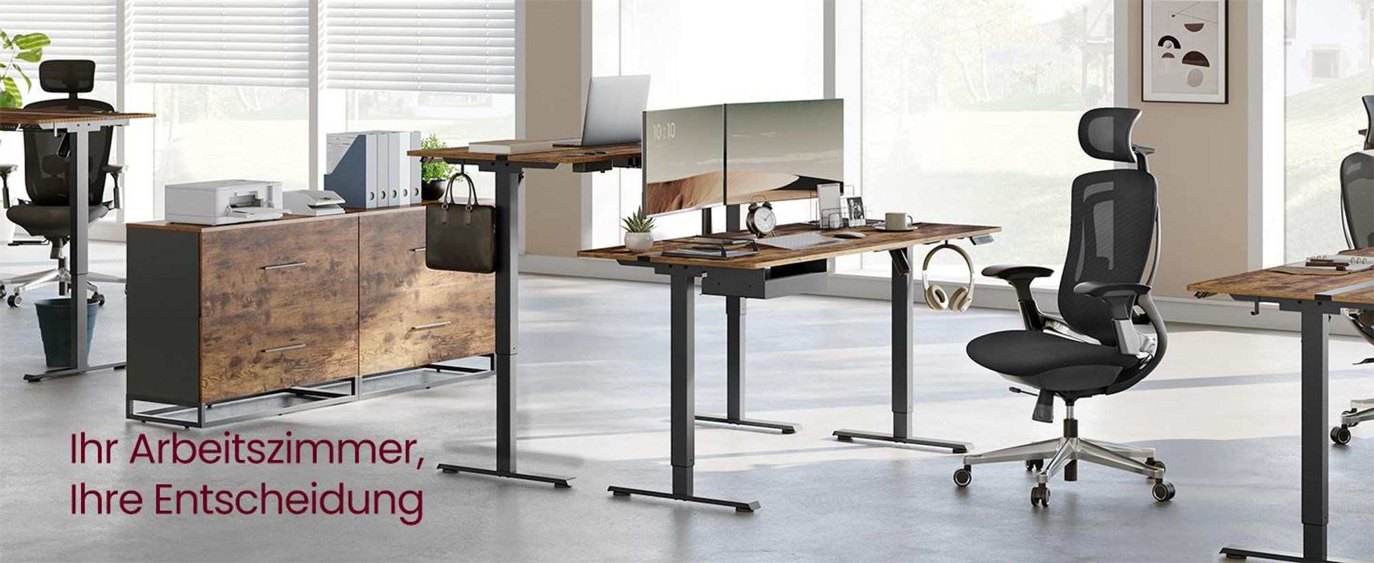 VASAGLE Höhenverstellbarer Schreibtisch elektrisch, mit Steckdose und Schublade, 70 x 160 cm Memory-Funktion, vintagebraun-tintenschwarz