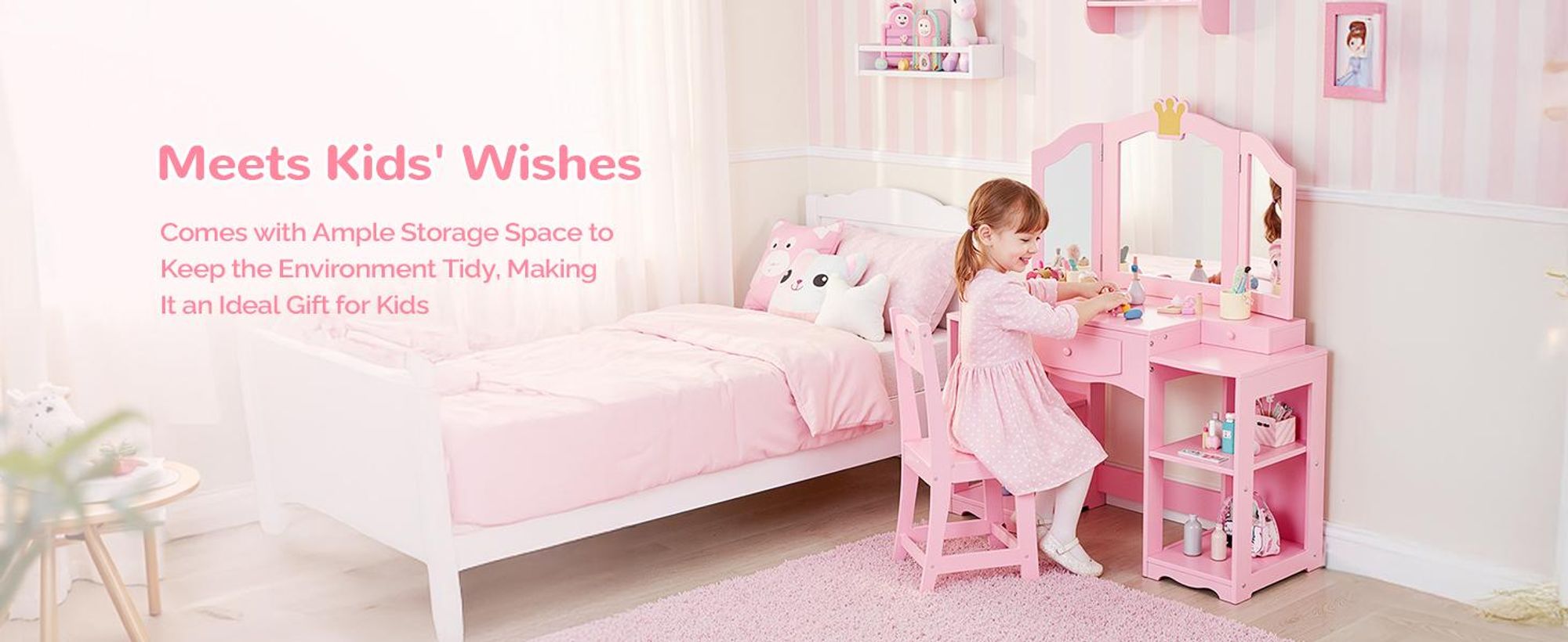 FCH Kinder Schminktisch Prinzessin mit Hocker, Frisiertisch mit dreifach klappbarem Spiegel, Regale, Schublade, Rosa