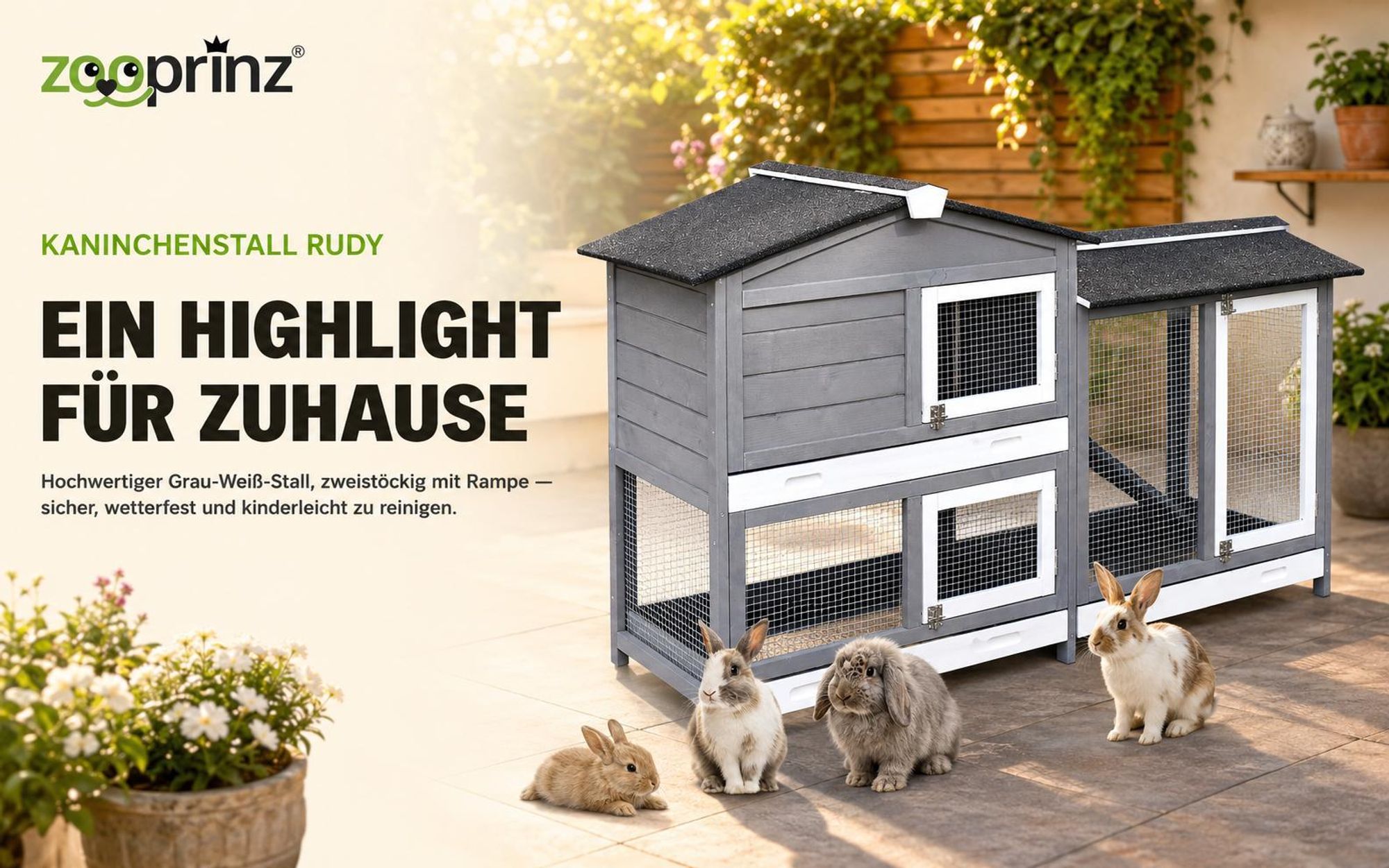 zooprinz Hasenstall Rudy mit Auslauf Kunststoff Schubladen Wetterfest lasiert 145x50x94cm (BxHxT)