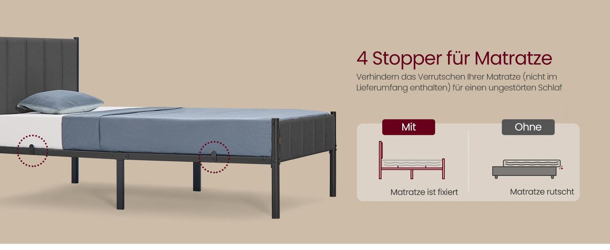 VASAGLE Einzelbett, Bettgestell, 90 x 200 cm, mit gepolstertem Kopfteil, Bettrahmen, Stahl, trägt bis zu 250 kg, grau