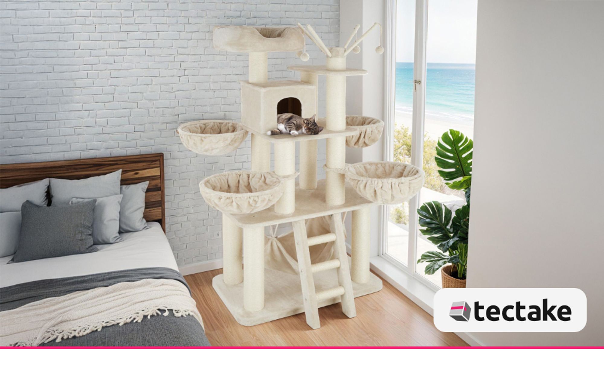 tectake® Kratzbaum Gismo 195 cm inklusive Treppe, 4 Spielbällen und Kippschutz