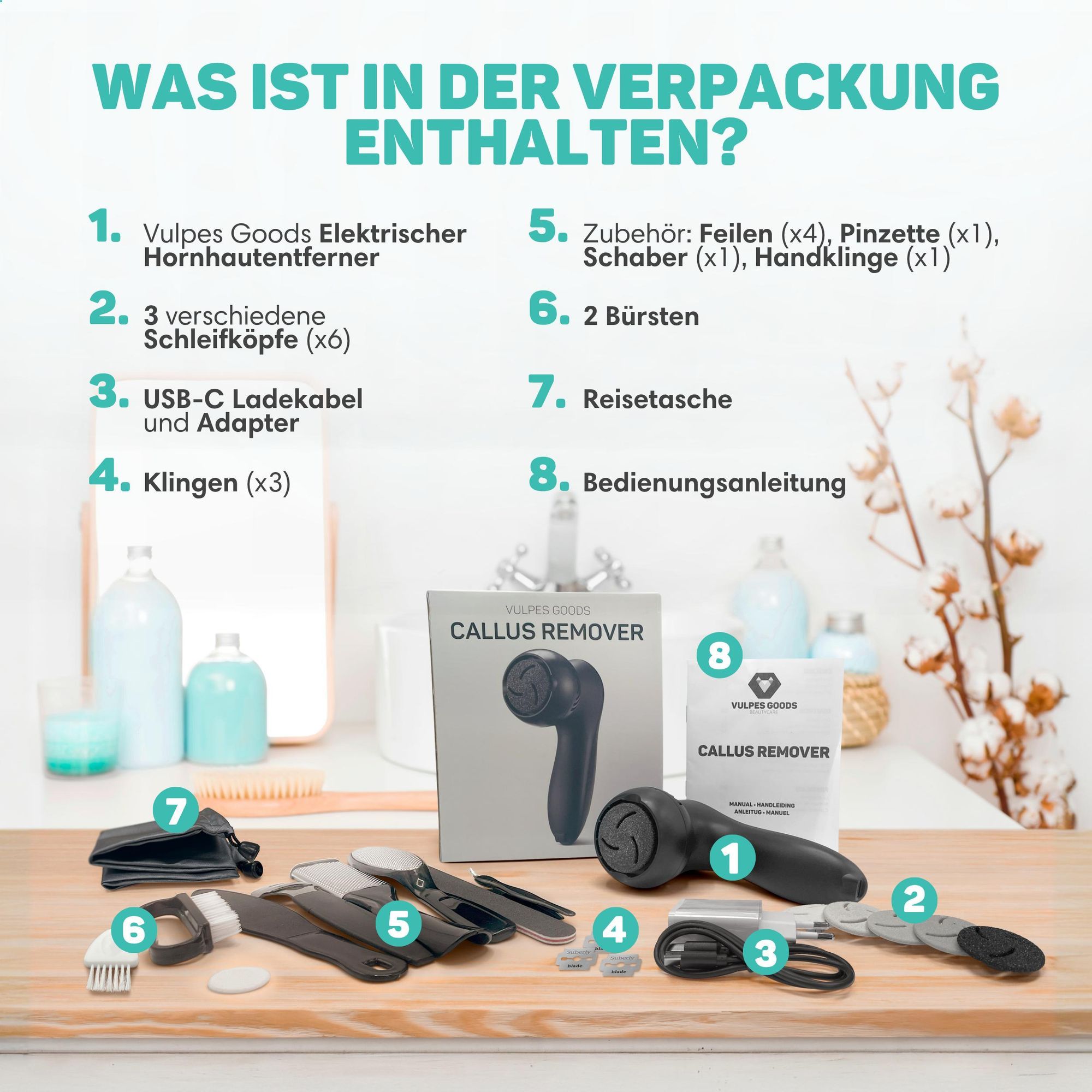 Vulpes Goods Elektrischer Hornhautentferner PRO, Professionelles Hornhautentferner Set, Fußfeile, USB Wiederaufladbar, Wasserdicht