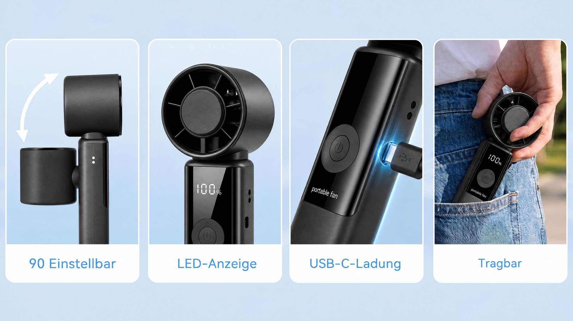 Tragbarer Handventilatoren USB, Faltbar Mini Ventilator Leise mit 4000 mAh Akku bis 16 Std. Laufzeit, LED-Display, 1-199 Geschwindigkeitsstufen
