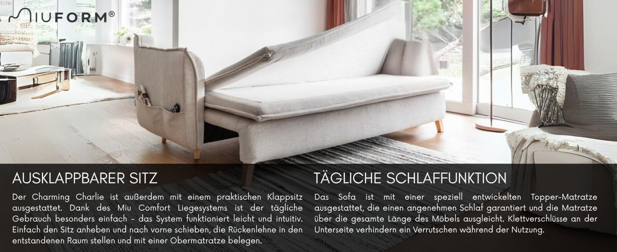 MIUFORM Charming Charlie Slim - Sofa mit Bettfunktion und Bettkasten - 225x90cm - Beige - 3-Sitzer Schlafsofa